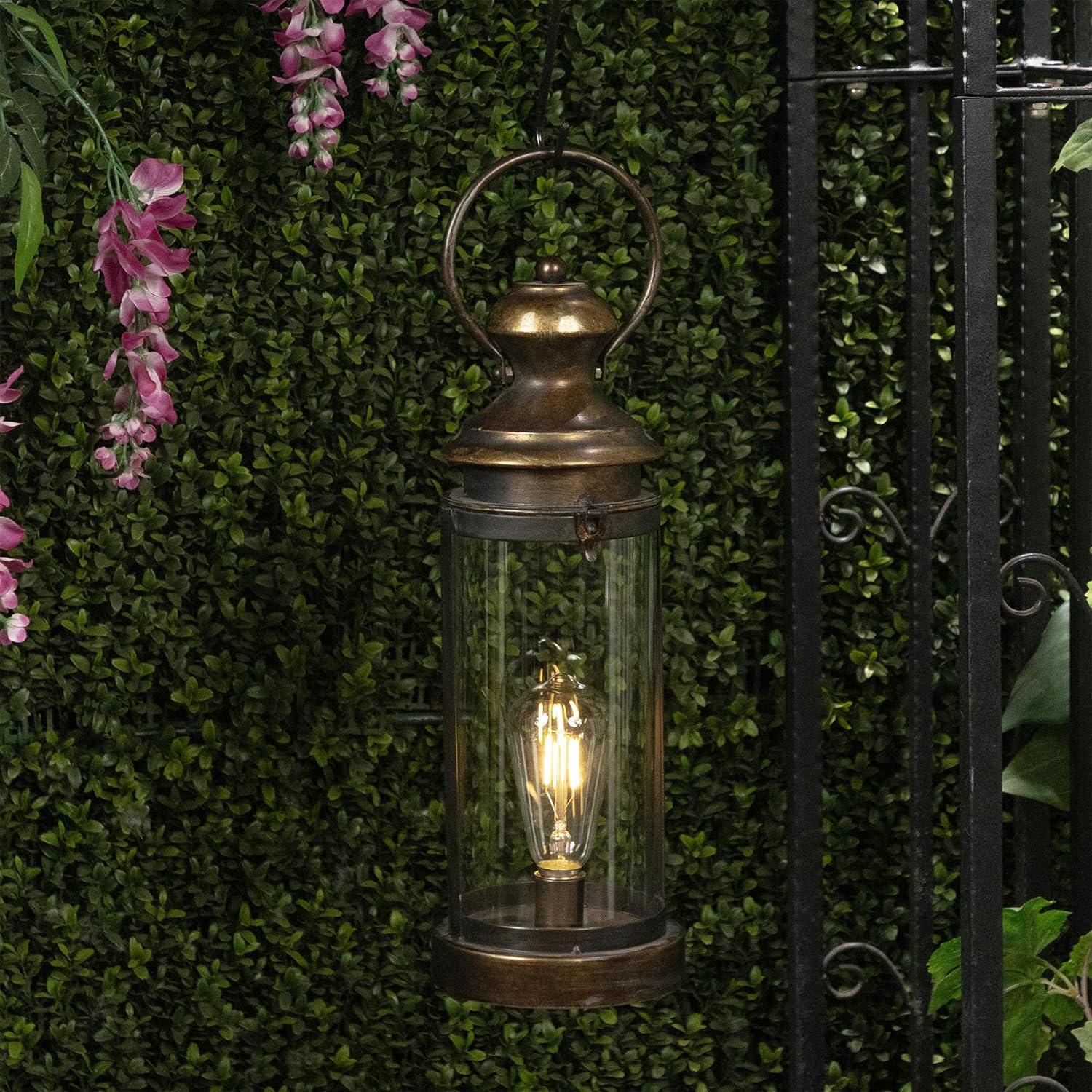 Gold Metal & Glass Lantern with Warm White LED Patio Light, Small