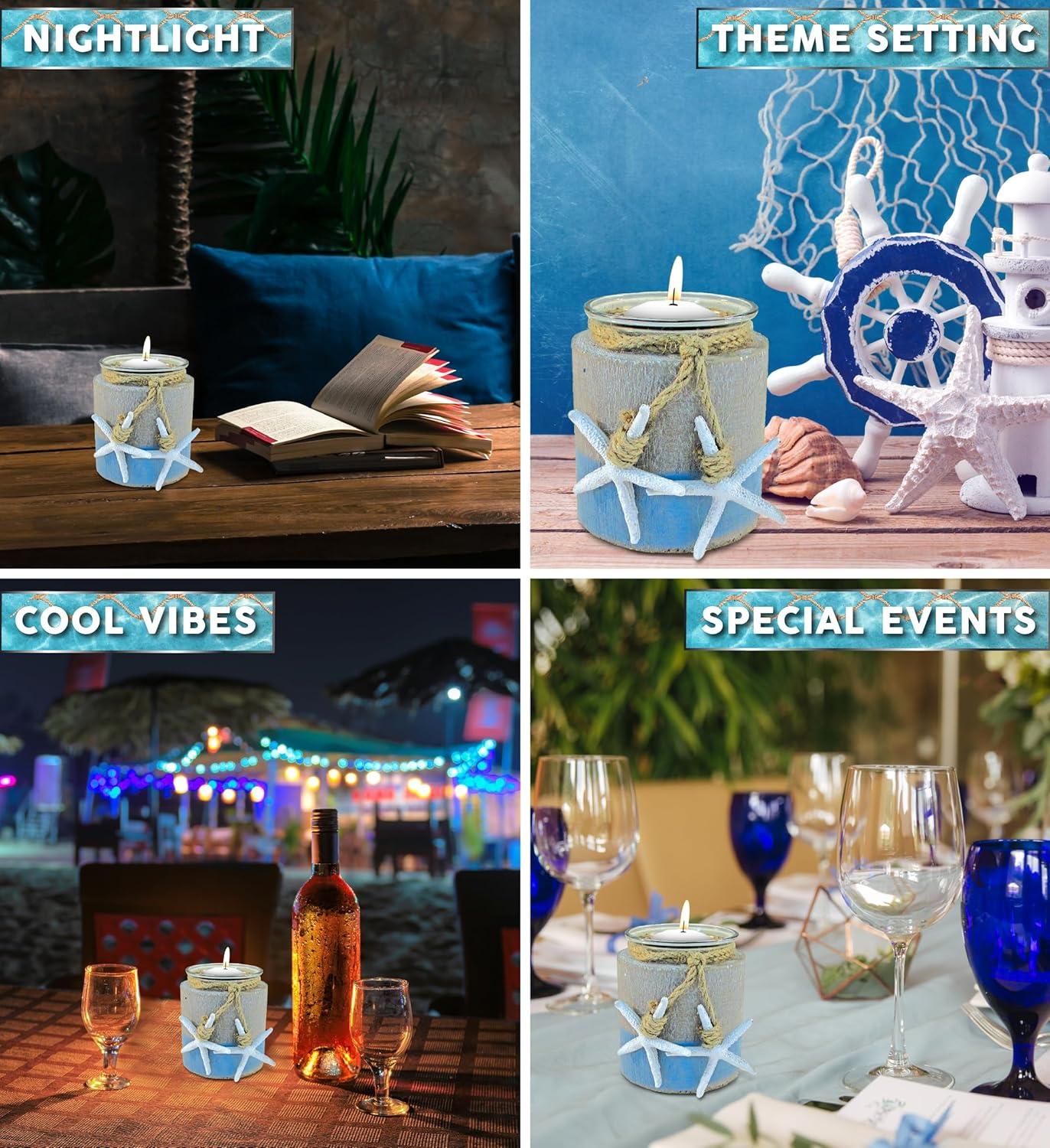 CoTa Global Ocean Breeze Wooden Pillar Candle Holder - Tabletop Coastal Decor Candle Holder with Hanging White Starfish, Ocean-Themed Blue Candle Holder Centerpieces - Handmade, Color May Vary
