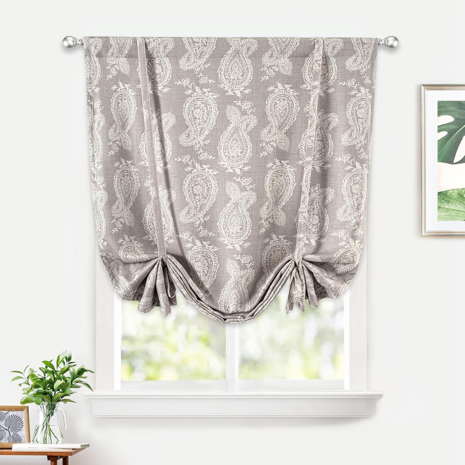 Gray Linen Paisley Blackout Tie-Up Curtain 45 x 63 Inch