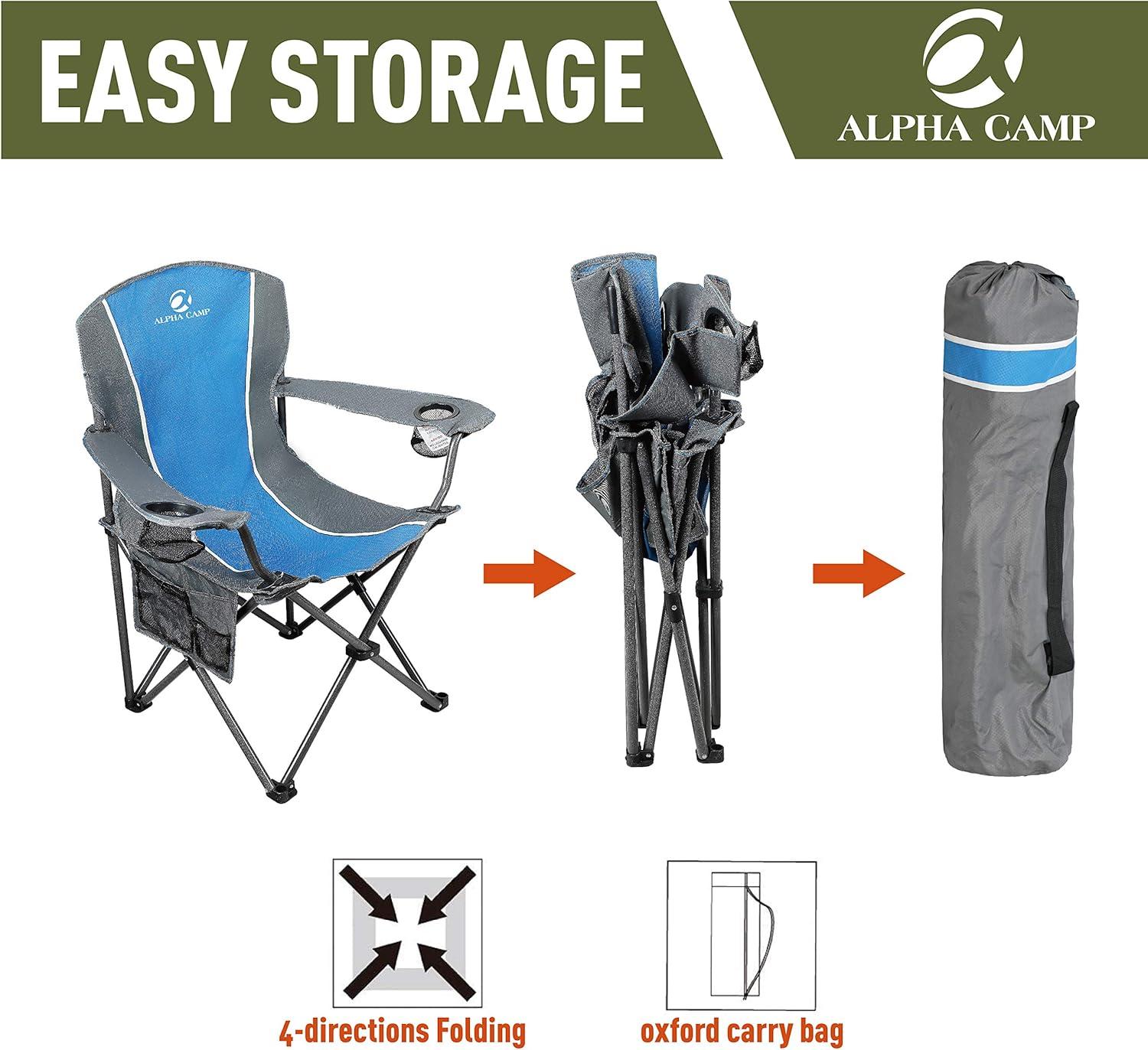 Oversized Camping Folding Chair Padded Arm Chair with Cup Holder Blue Grey