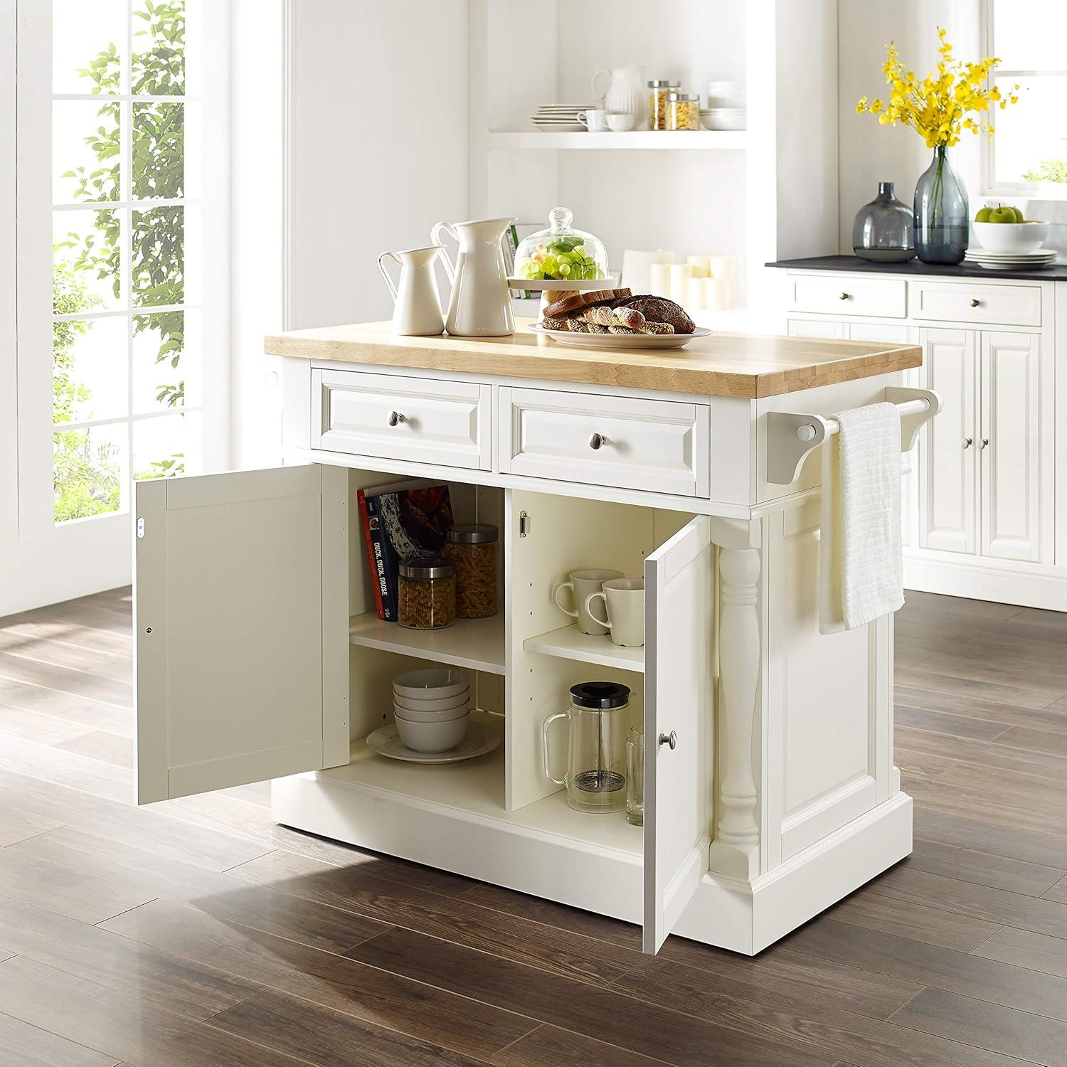 Crosley Butcher Block Top Kitchen Island - White: Hardwood Frame, Towel Bar, 4 Shelves, 2 Drawers