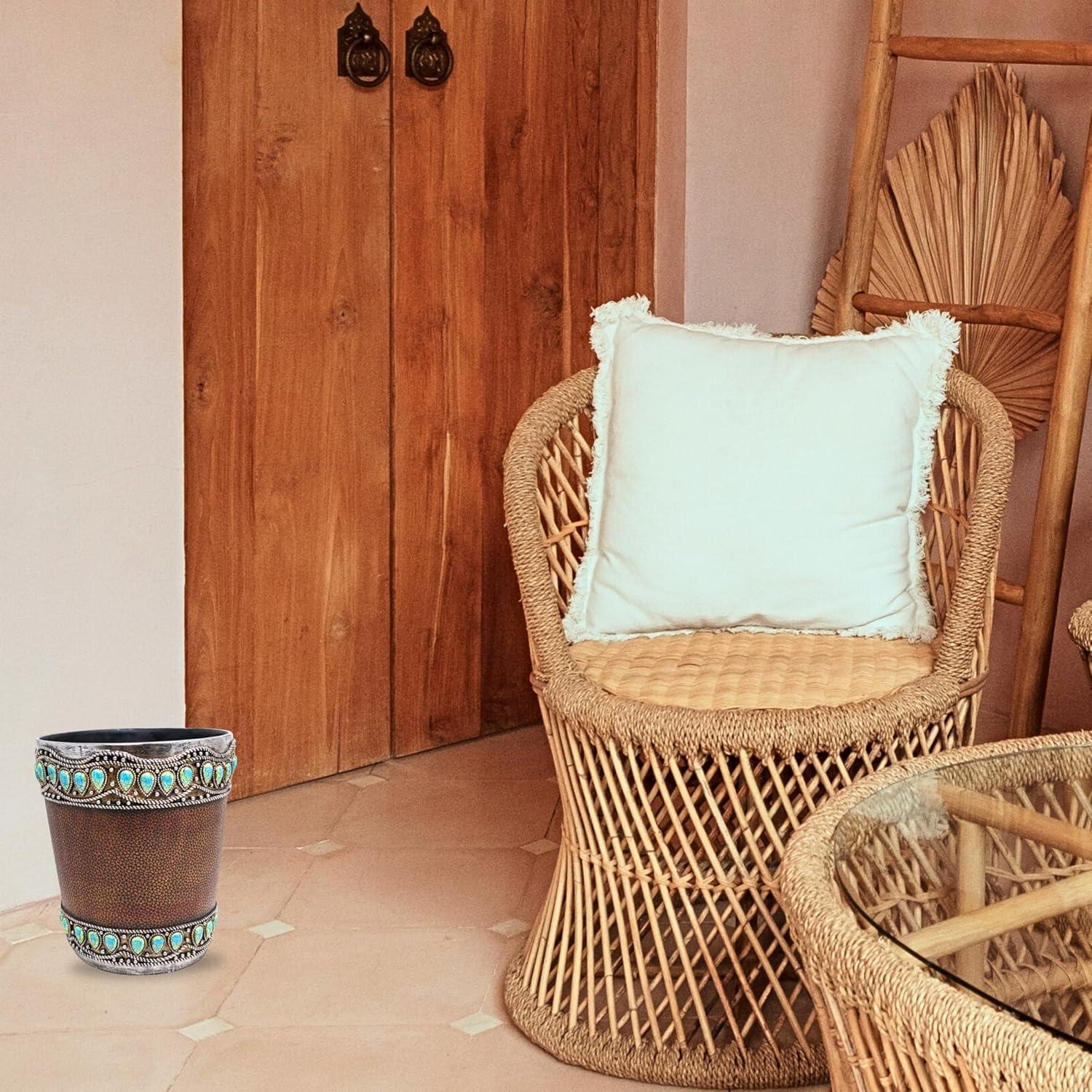 Decor Idea Decorative Resin Faux Leather Small Wastebasket with Turquoise Gem - Southwestern Rustic Trash Bin