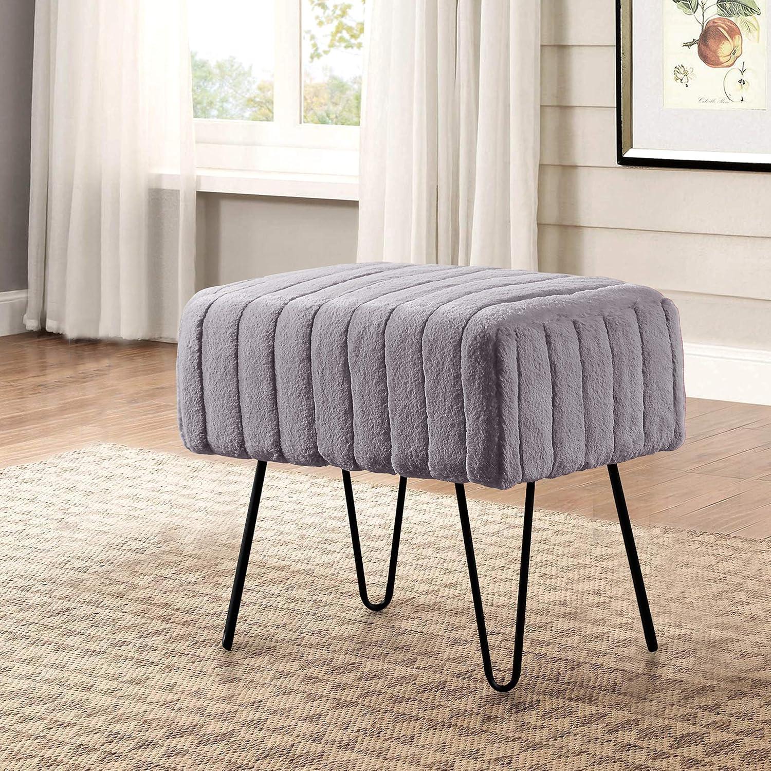 Charcoal Faux Fur Footstool with Metal Legs