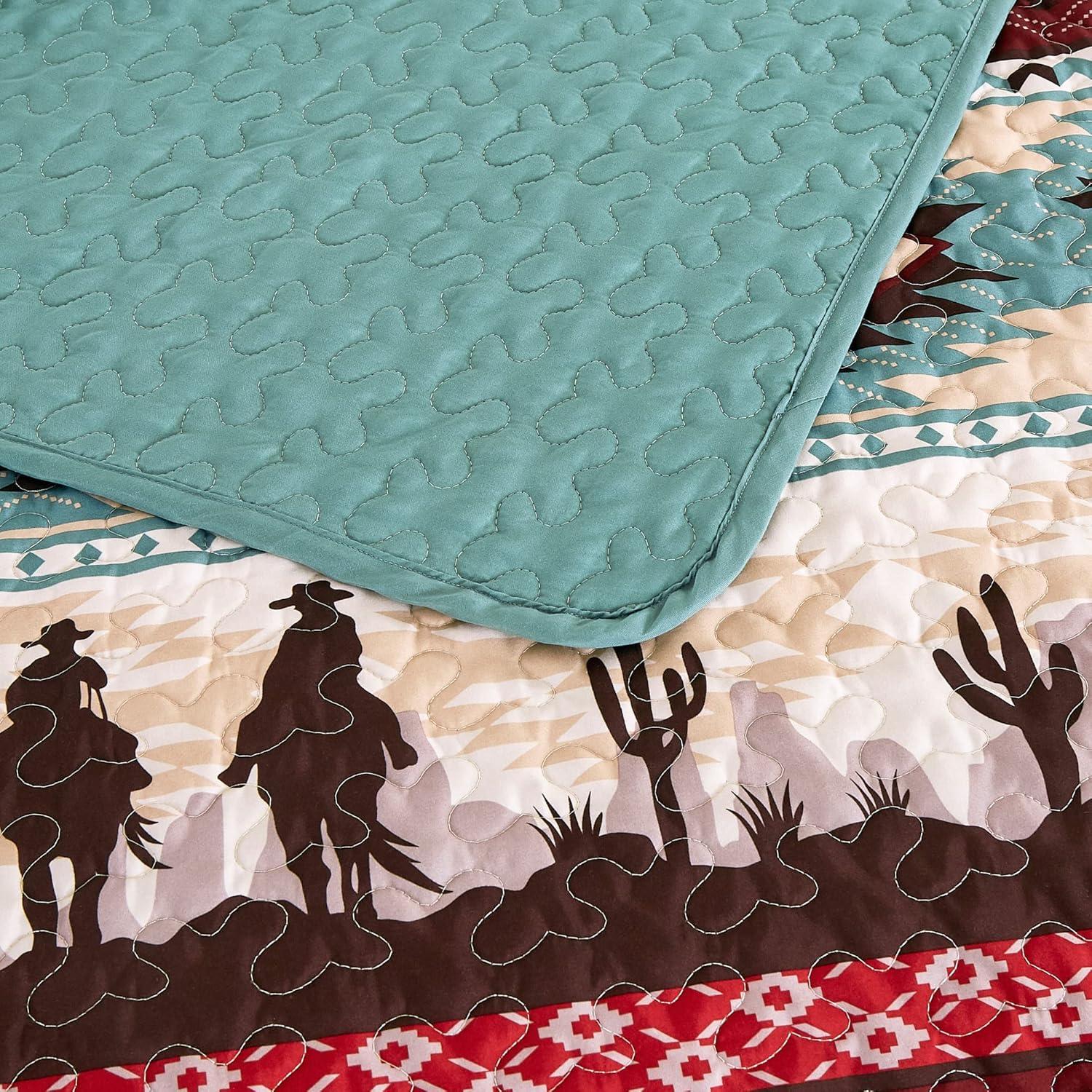 Chezmoi Collection Dune 3-Piece Southwestern Cowboys Quilt Set, Multicolor Teal Brown Beige Tan Red Printed Microfiber Bedspread, King