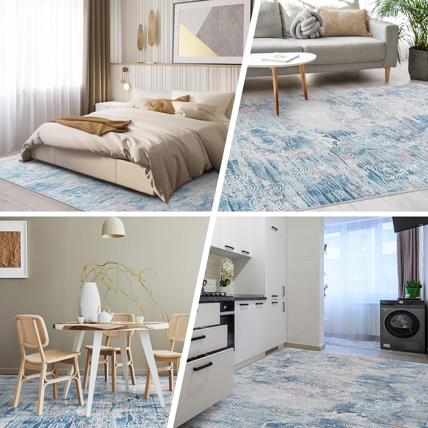 WhizMax 5'x7' Modern Blue Abstract Area Rug Machine Washable Contemporary Rug Soft Foldable Thin Accent Rug Anti-Slip Non-Shedding Floor Carpet