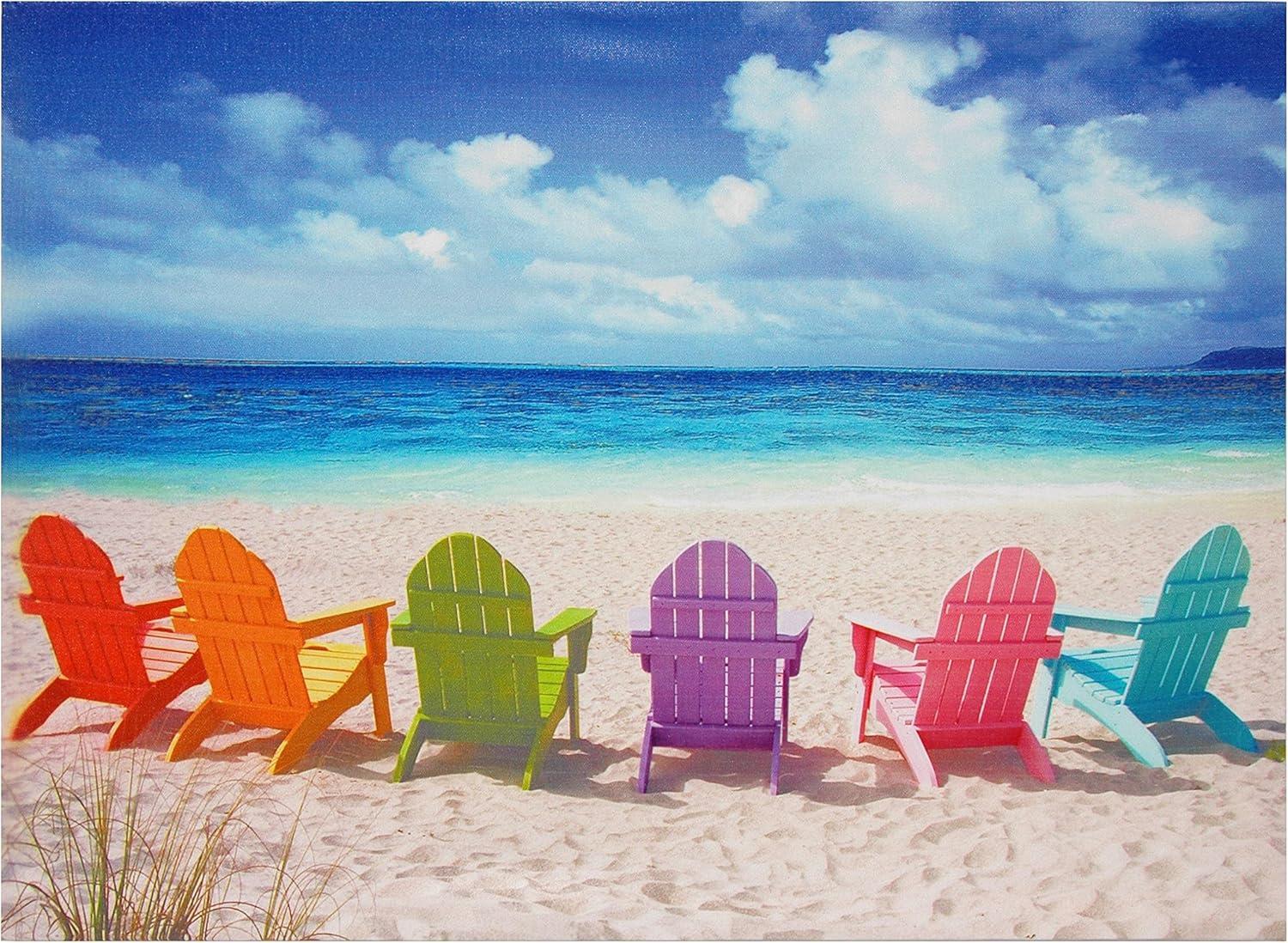 Colorful Adirondack Chairs Beach Scene Framed Canvas Wall Art