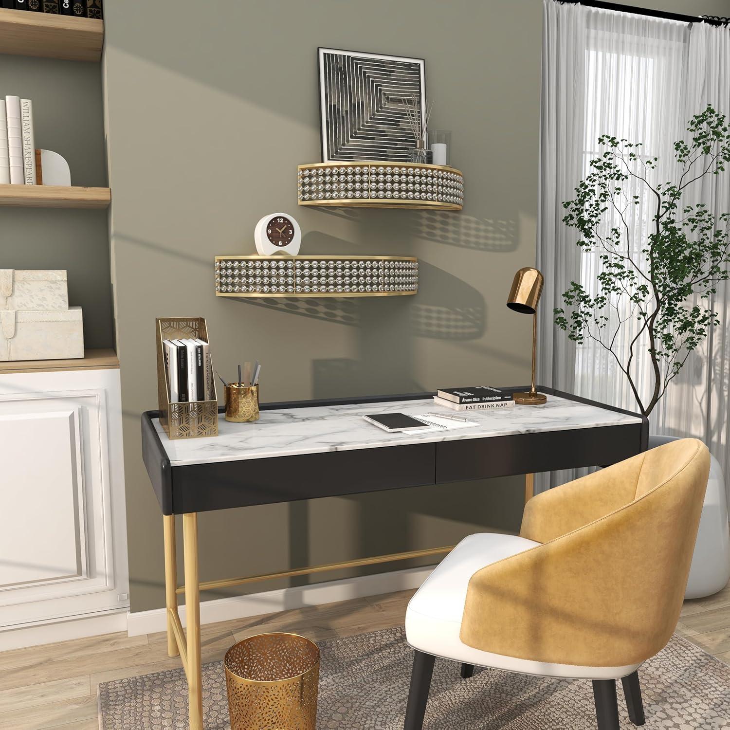 DecMode 5", 5"H Half-Moon 2-Tier Gold Wall Shelf with Crystal Embellishments (2 Count)