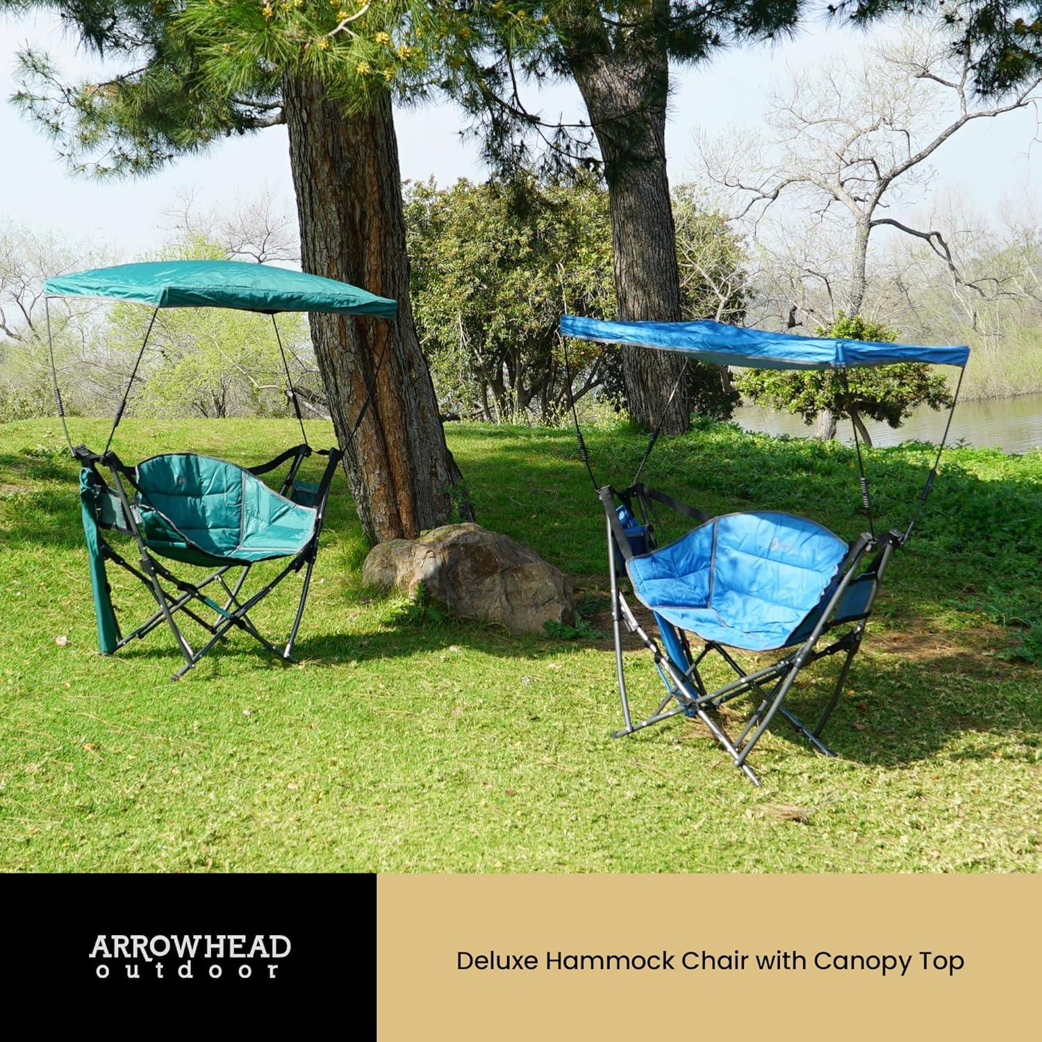 ARROWHEAD OUTDOOR Folding Swinging Hammock Camping Chair, w/ Canopy, Cup Holder, Storage Pouch, Carrying Bag, Blue