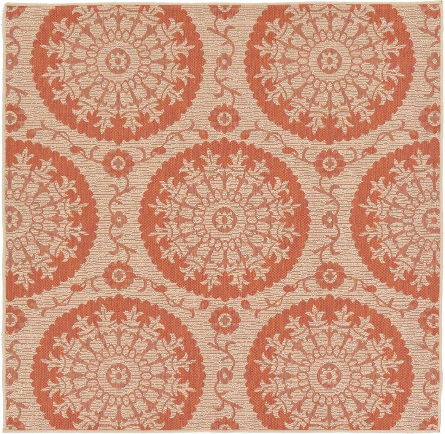 Unique Loom Outdoor Botanical Collection Area Rug - Medallion (6' 1" Square Terracotta/Beige)