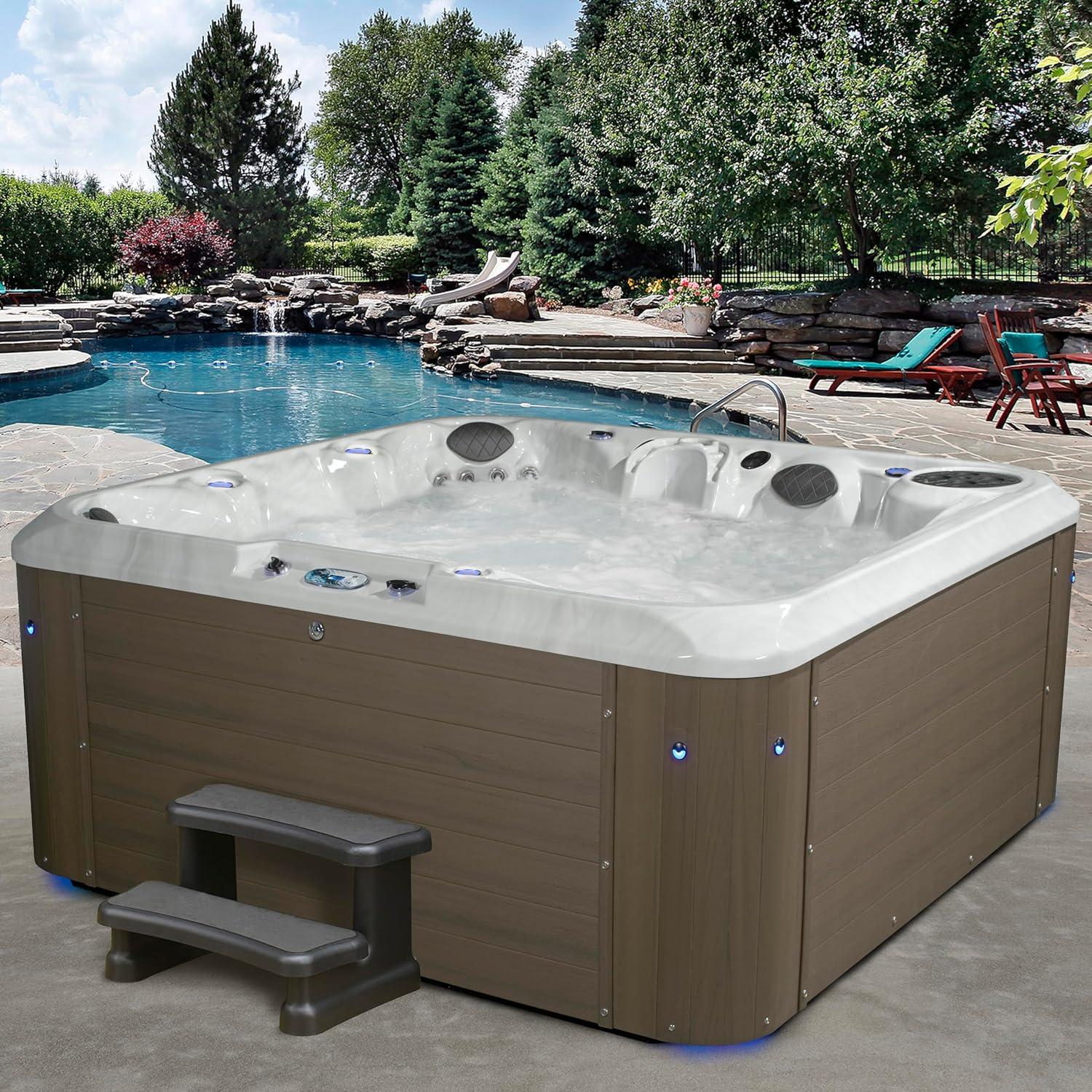 Amplified 6-Person 100-Jet Double-Lounger Hot Tub Spa with Bluetooth Stereo, 3 Pumps, LED Lighting, Stainless Steel Heater and Ozonator, Insulated Cover and Steps Included