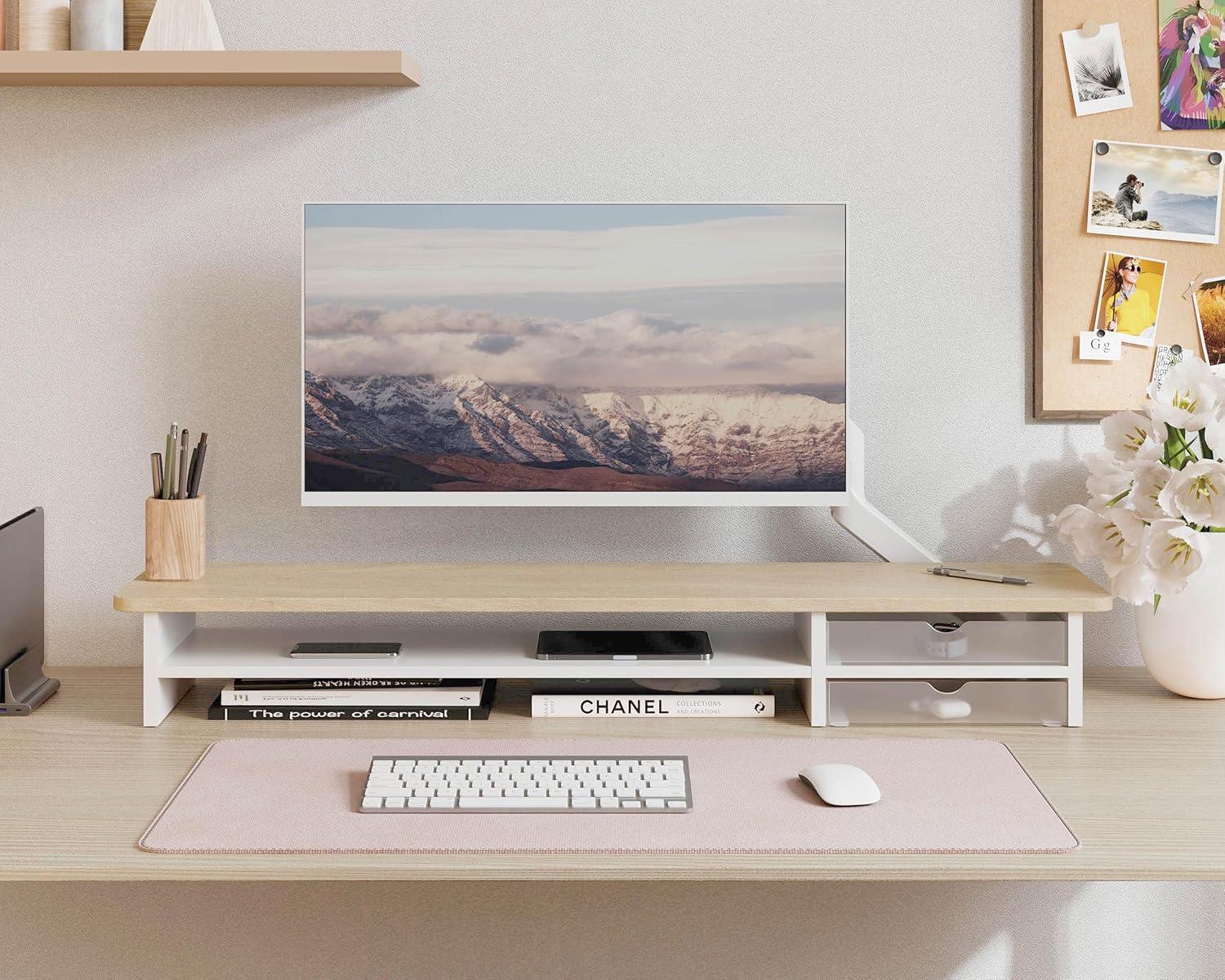 Oak and White Dual Monitor Stand with Drawers