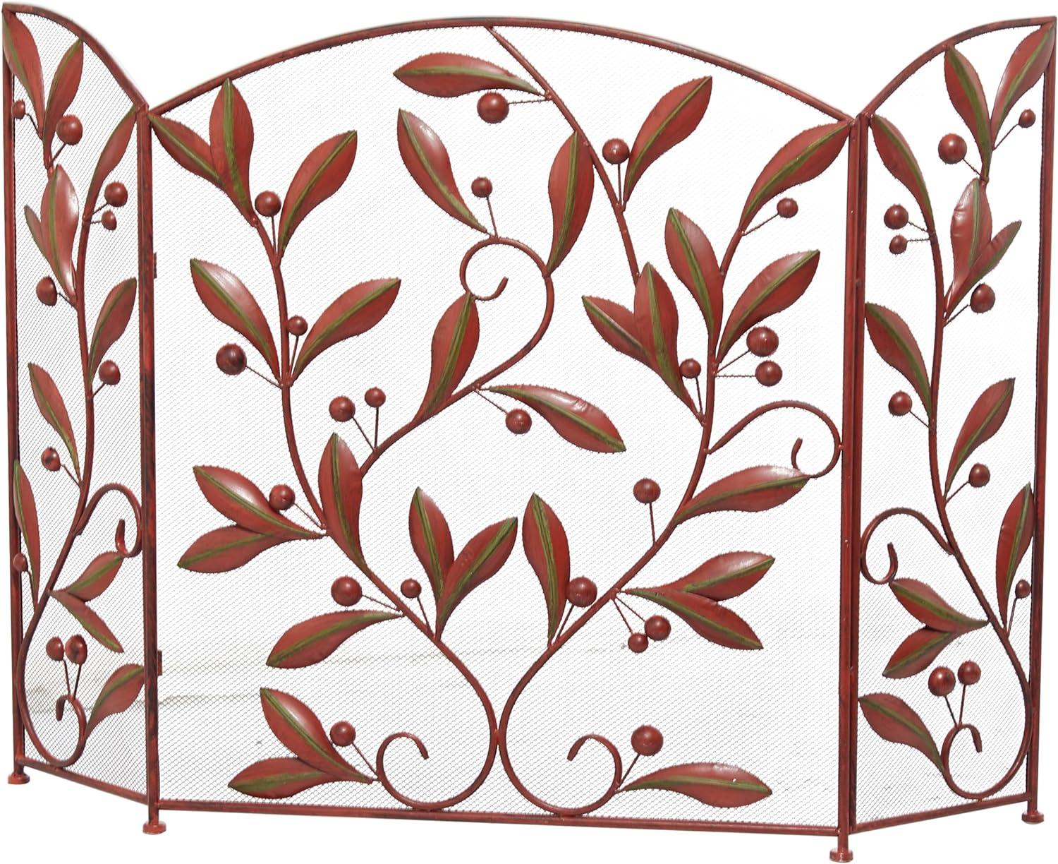 DecMode 45" x 30" Red Metal Foldable Mesh Netting 3 Panel Fireplace Screen with Leaf and Vine Relief, 1-Piece