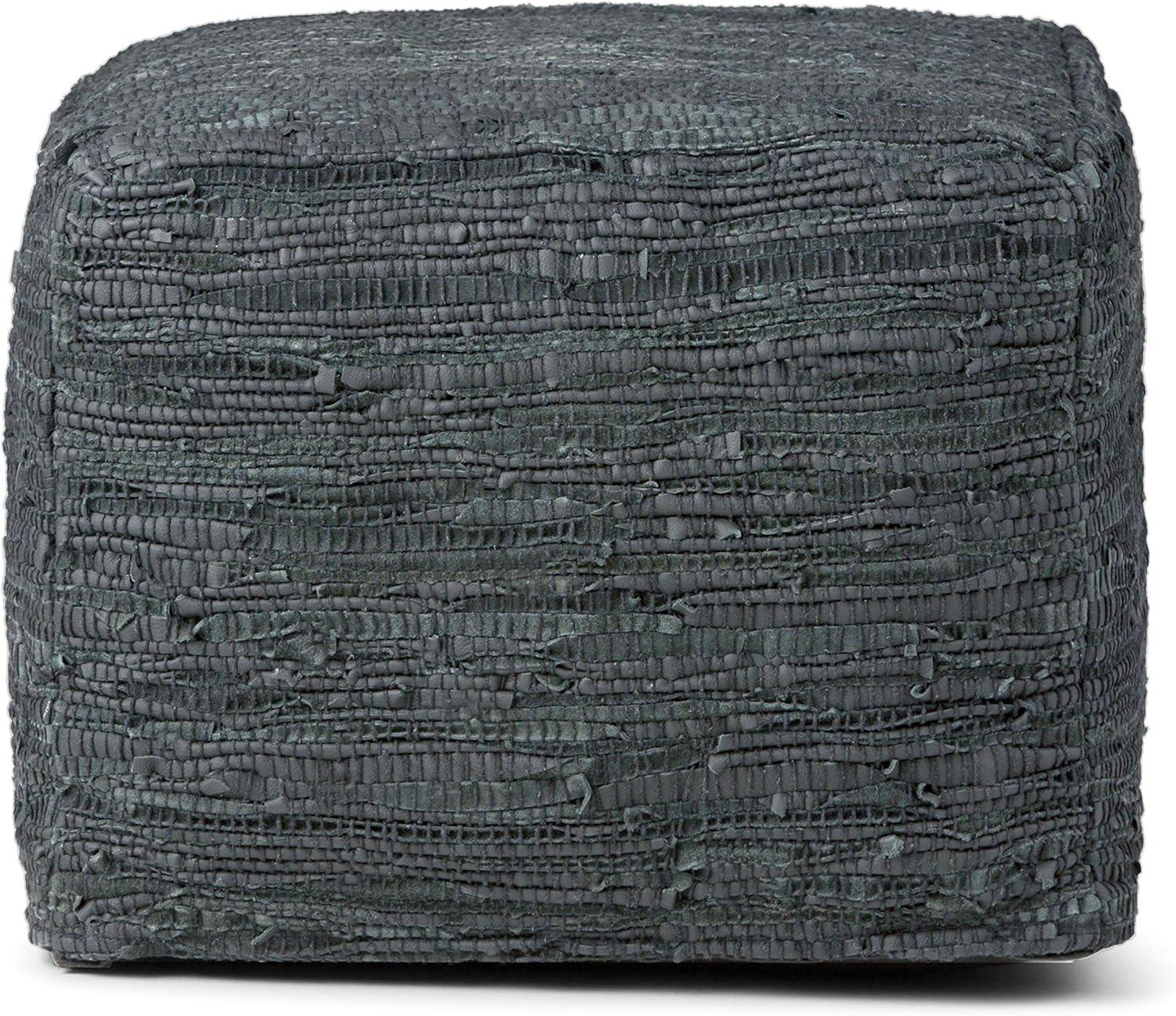 Simpli Home Fredrik Boho Square Pouf in Gray Woven Genuine Leather