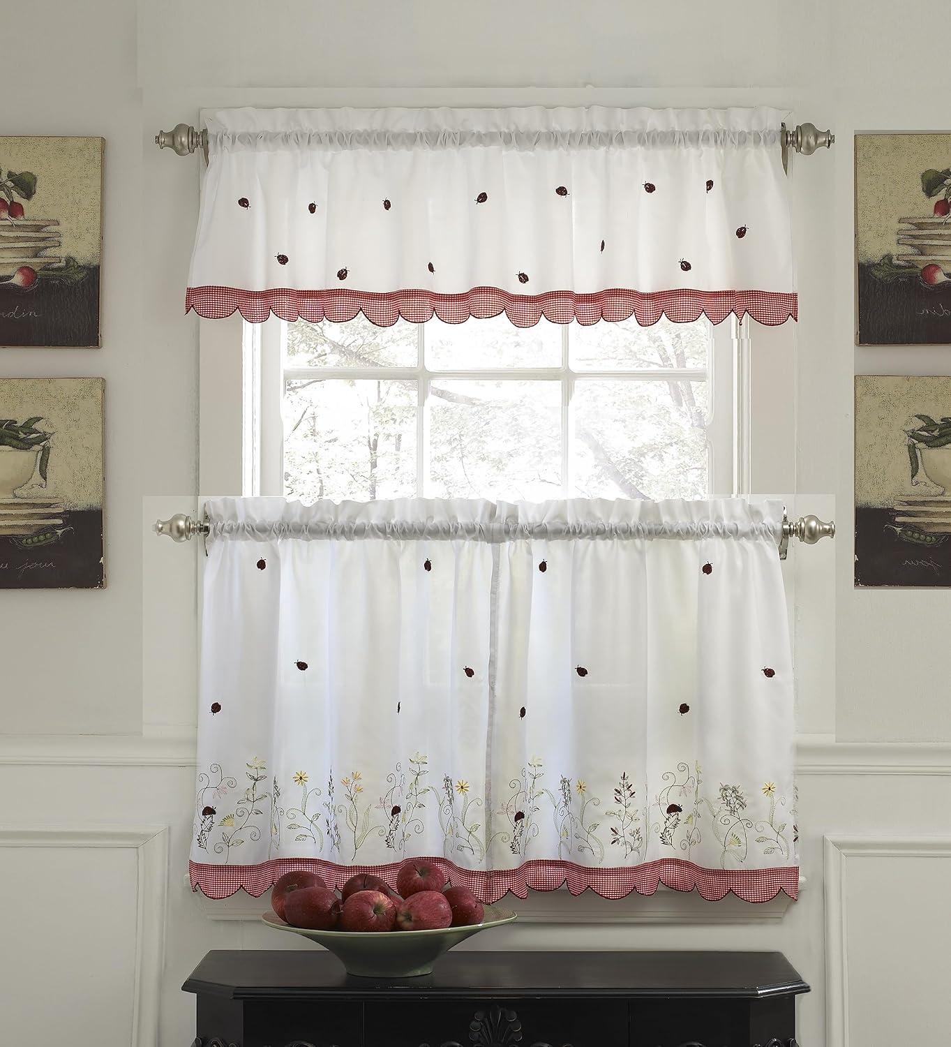 White and Red Floral Ladybug Rod Pocket Valance