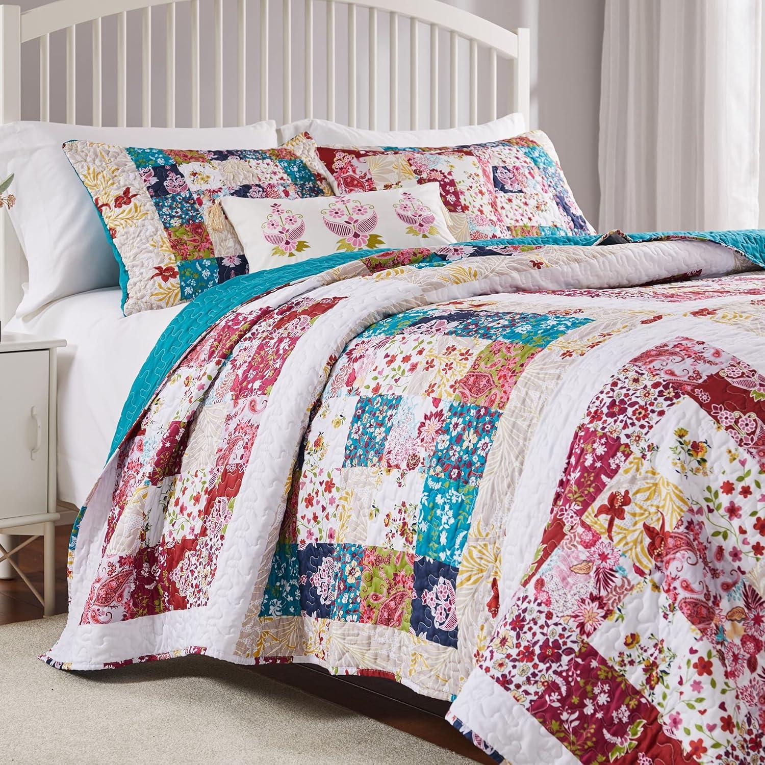 Teal and Multicolor Patchwork Twin Microfiber Quilt Set