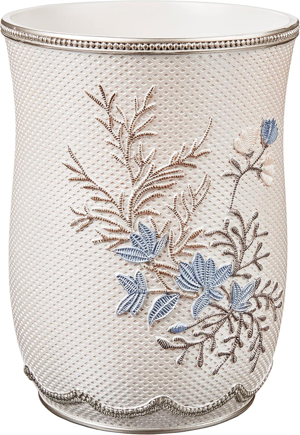 Beige Floral Embossed Resin Bathroom Waste Basket