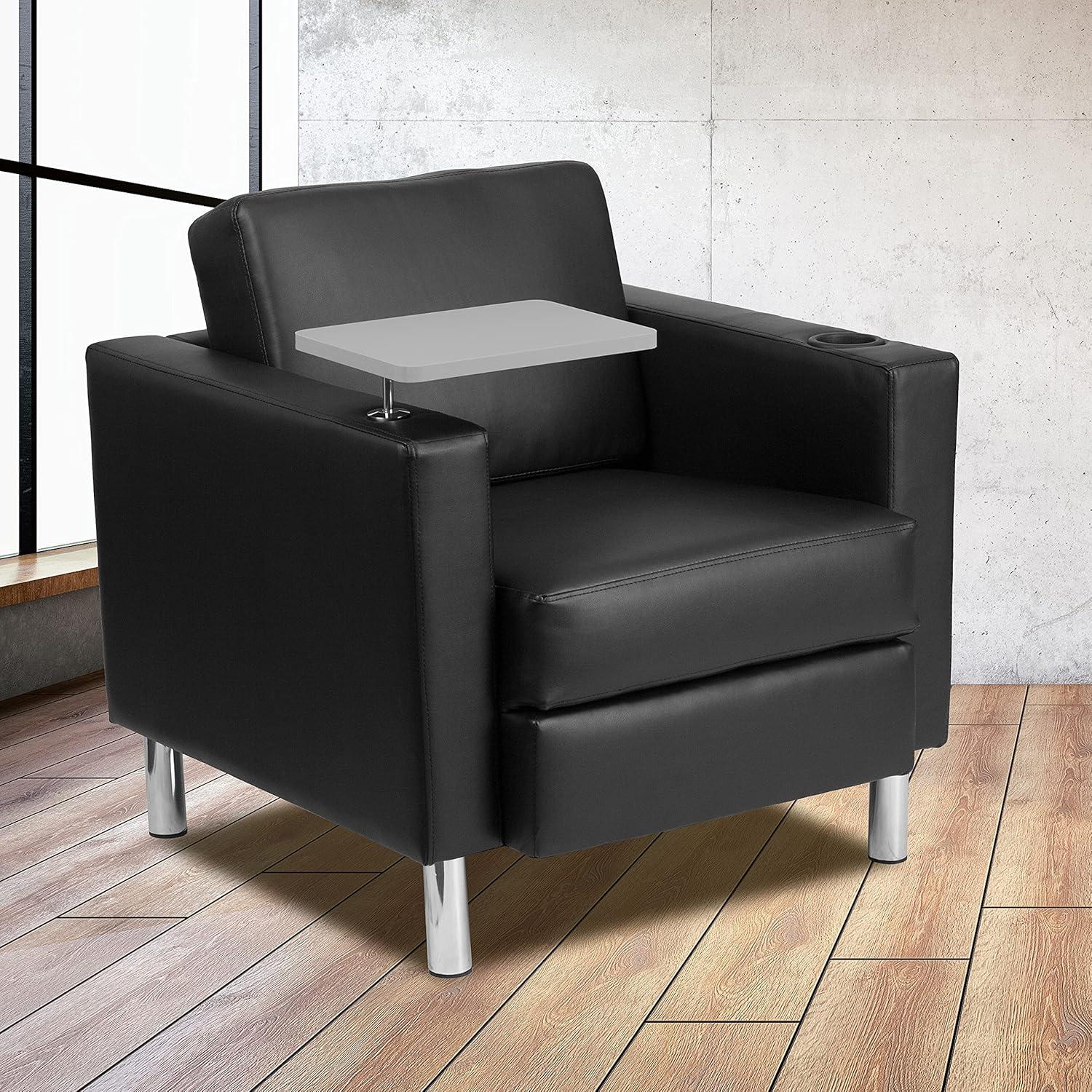 Black Leather Swivel Guest Chair with Tablet Arm and Chrome Legs