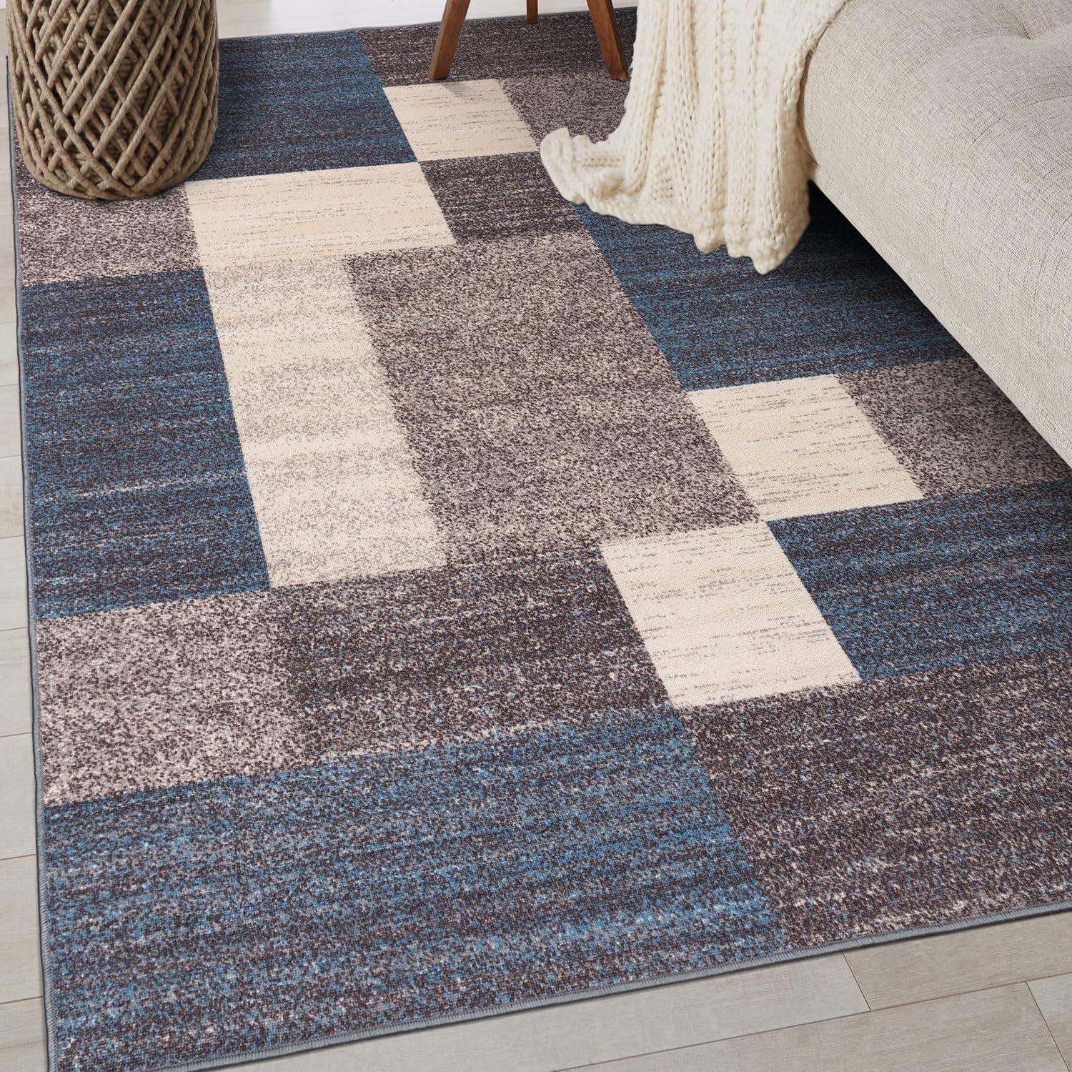 World Rug Gallery Modern Boxes Design Non-slip (Non-skid) Blue 3'3" x 5' Area Rug