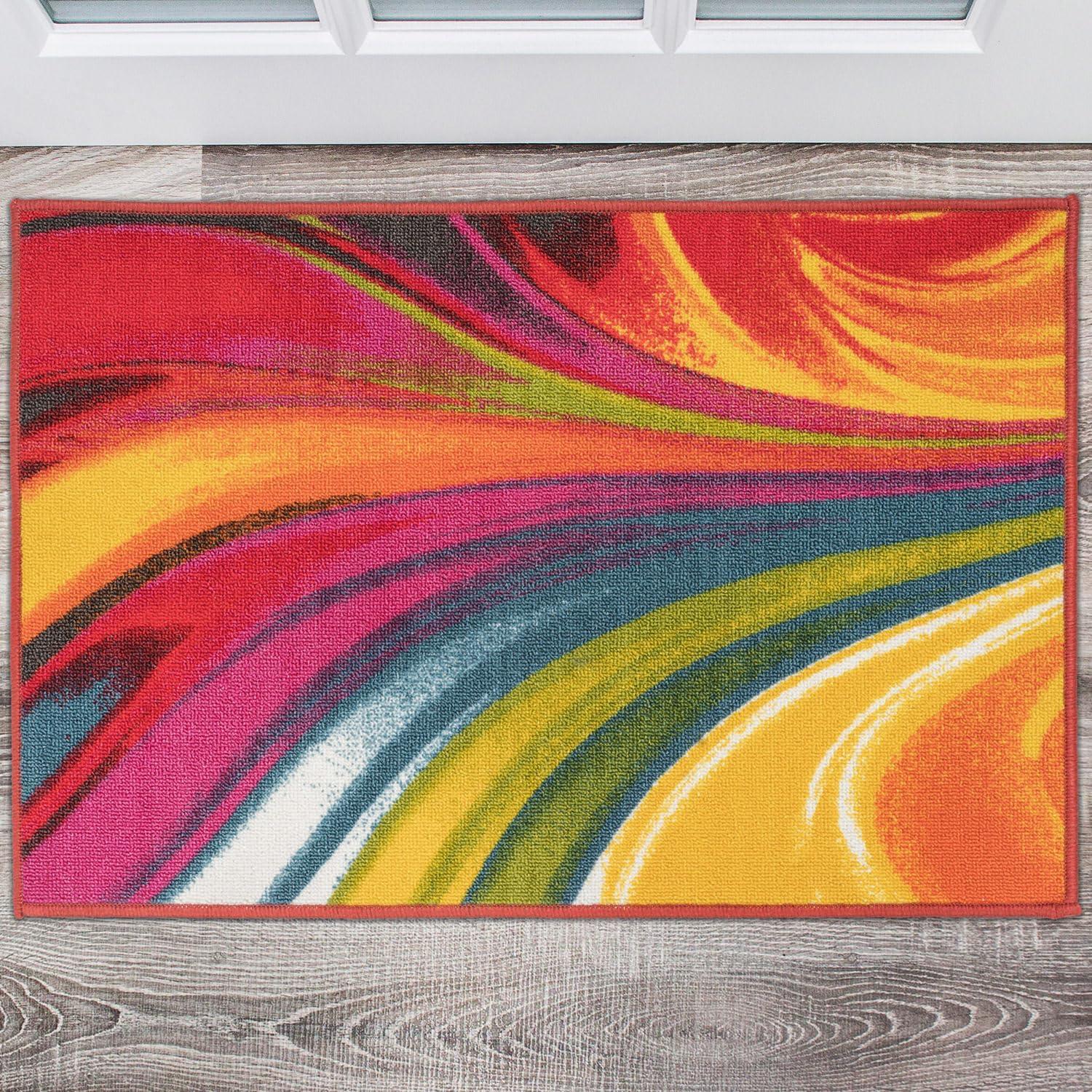 World Rug Gallery Modern Contemporary Waves Multicolored Non-slip (Non-skid) Area Rug