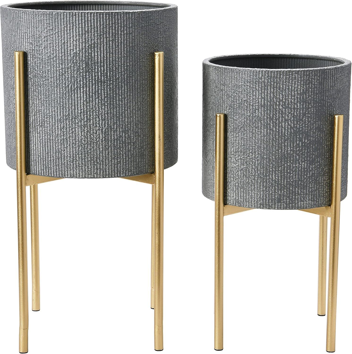 Charcoal Grey and Gold Embossed Metal Planters with Stands, Set of 2