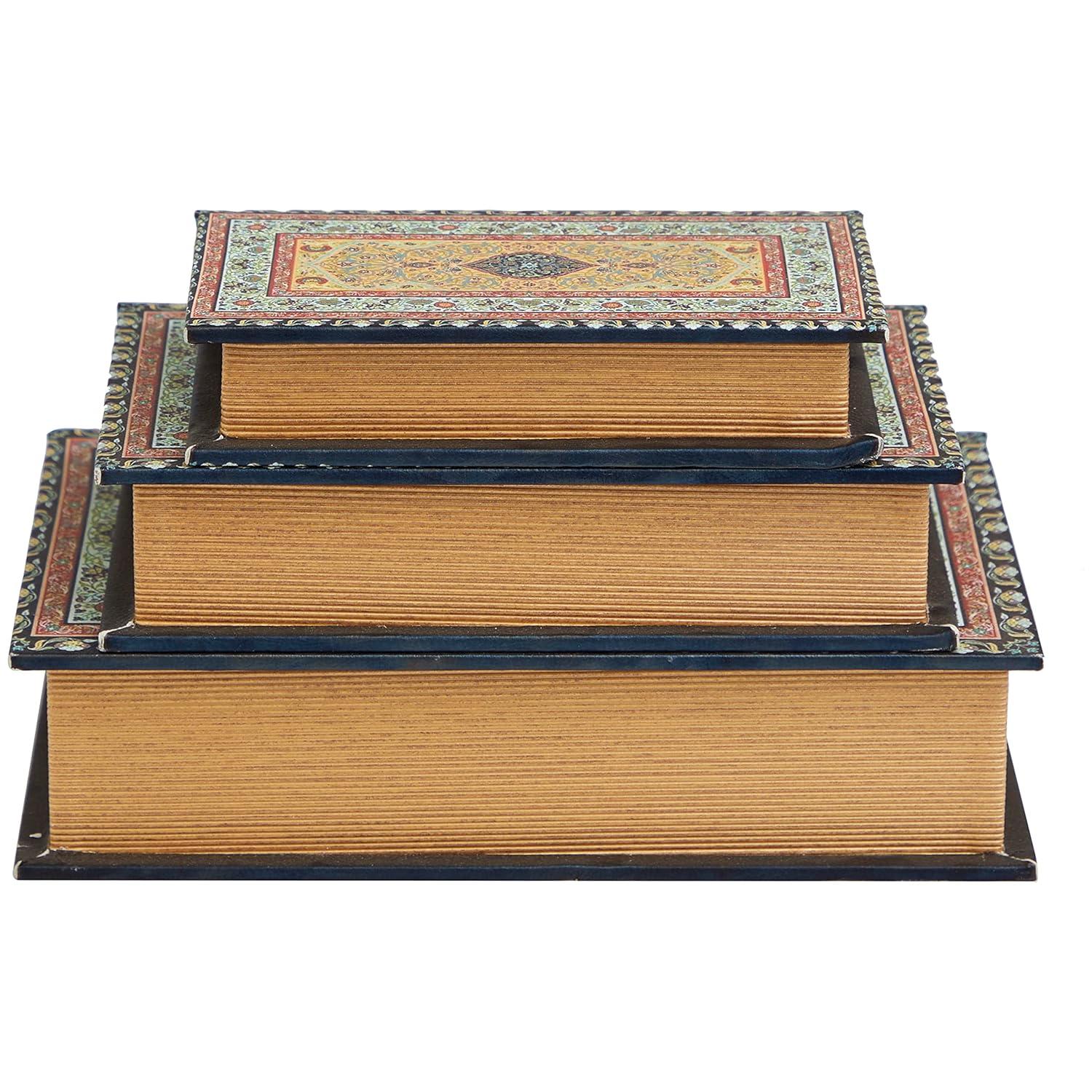 Deco 79 Canvas Decorative Box Storage Book Book Shaped Boxes with Arabesque Pattern and Gold Page Inspired Detail, Set of 3 Decorative Keepsake Boxes 12, 10, 8" H, Multi Colored