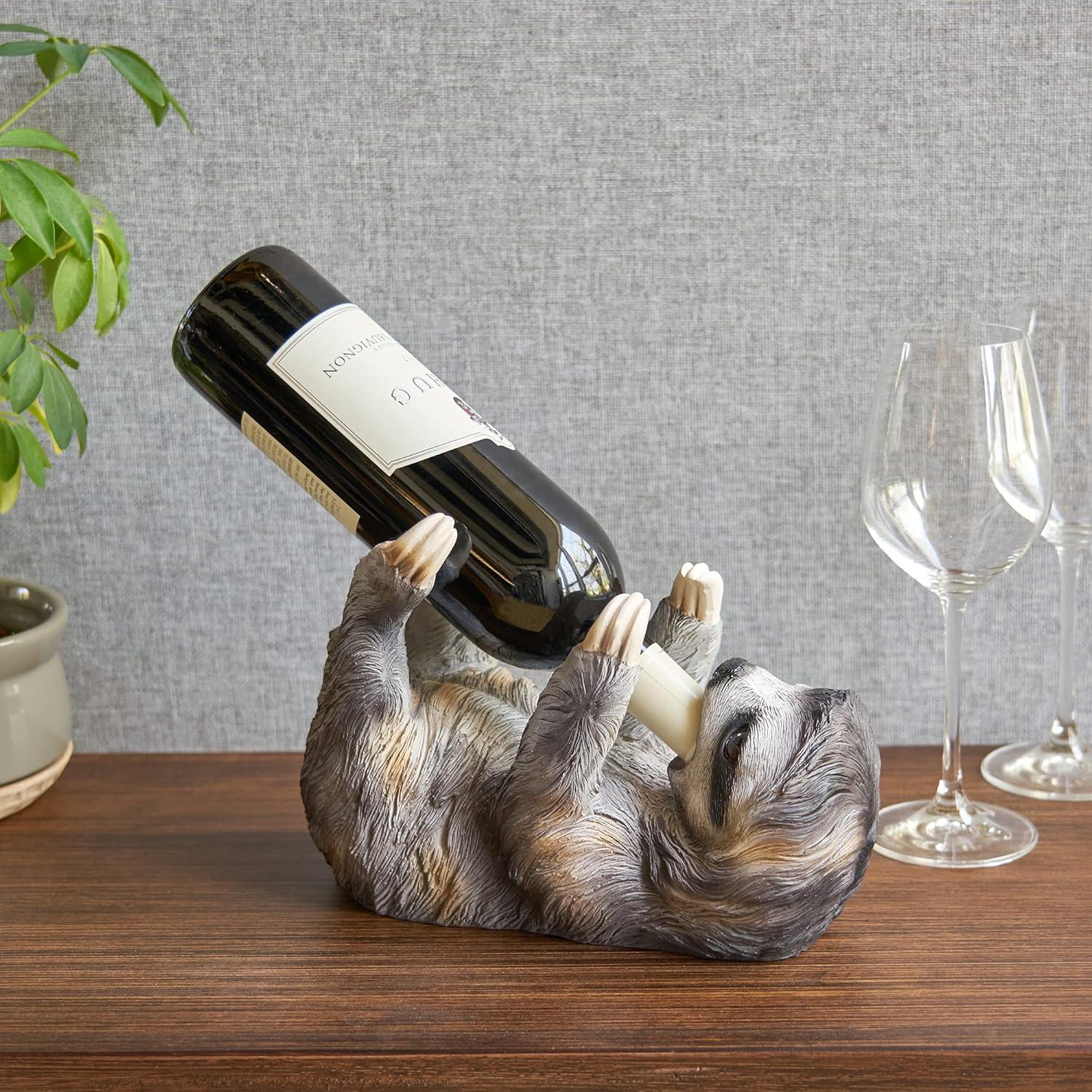 True Sloth Polyresin Wine Bottle Holder Holds 1 Standard Wine Bottle, Grey