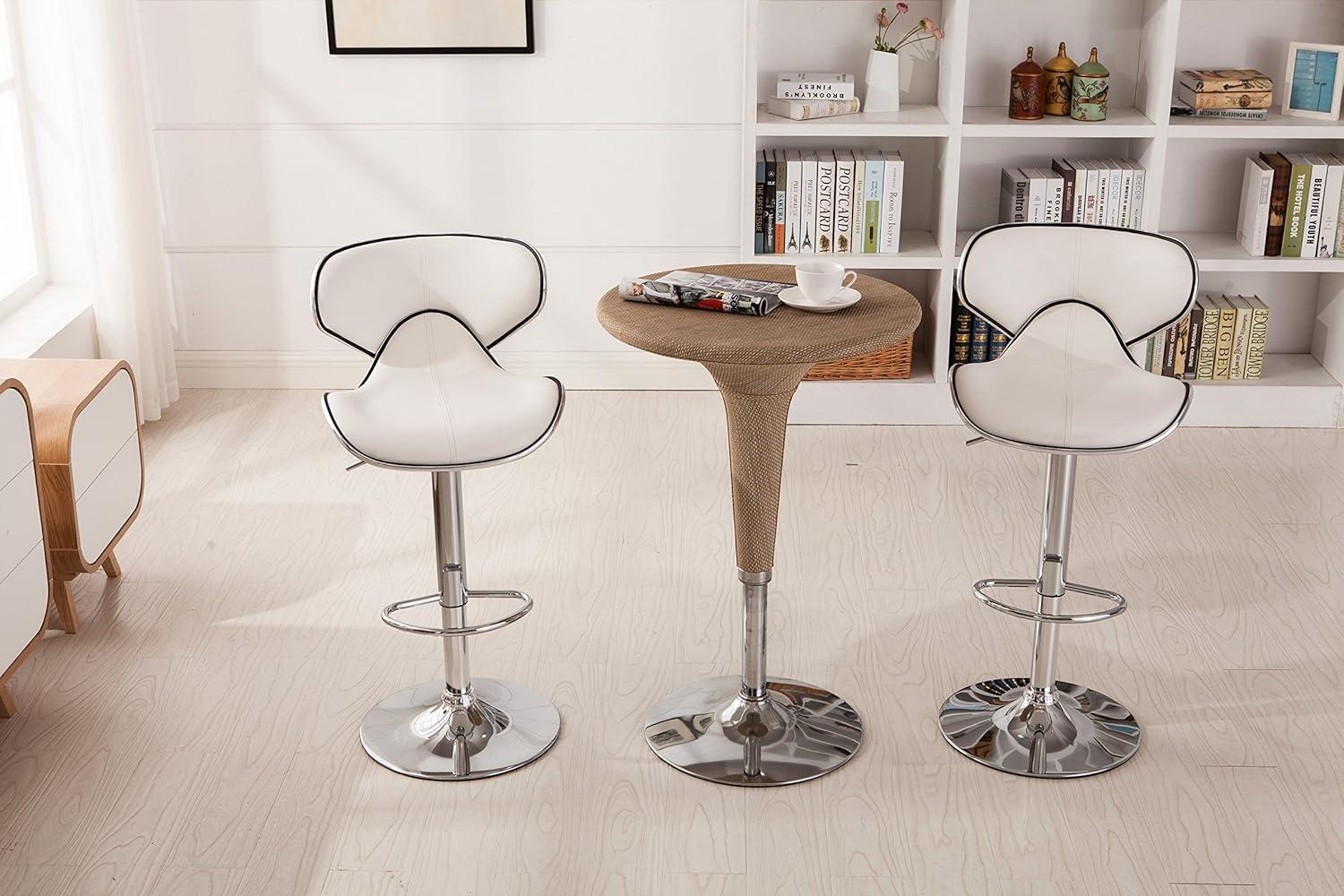 Roundhill Furniture Masaccio Faux Leather Airlift Adjustable Swivel Barstools, White, Set of 2