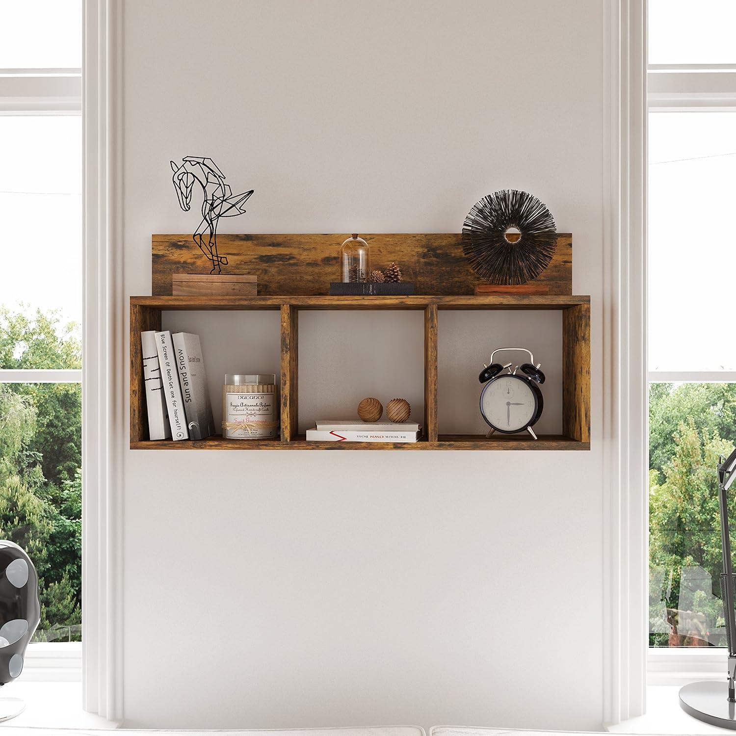 Danya B. 31.5" x 15.7" Rustic Floating Triple Cubby Shelf Aged Wood - Wall Mount, Display Ledge, MDF