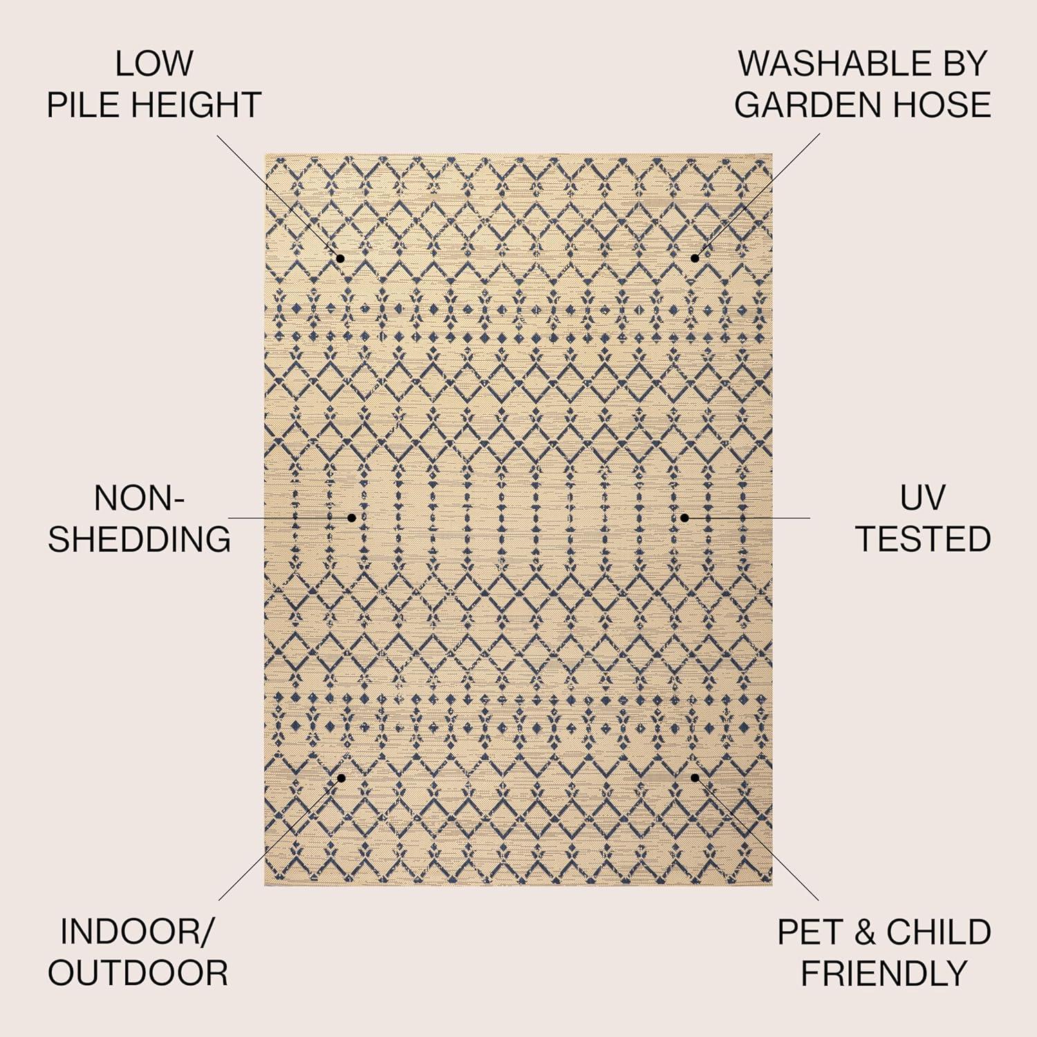 5' x 5' Ourika Moroccan Geometric Textured Weave Indoor/Outdoor Area Rug, Beige/Navy - JONATHAN Y
