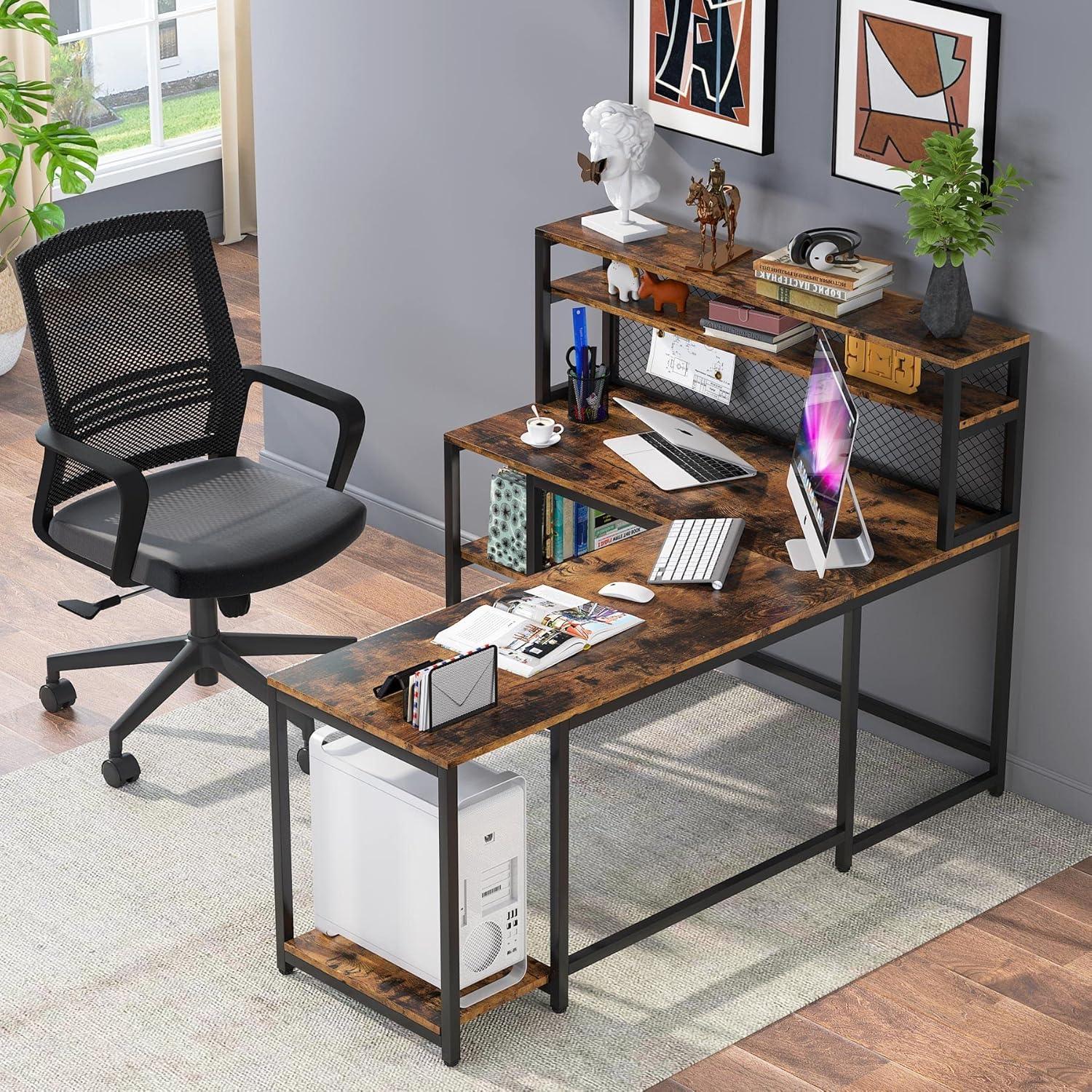 Rustic Brown L-Shaped Wood Corner Desk with Hutch