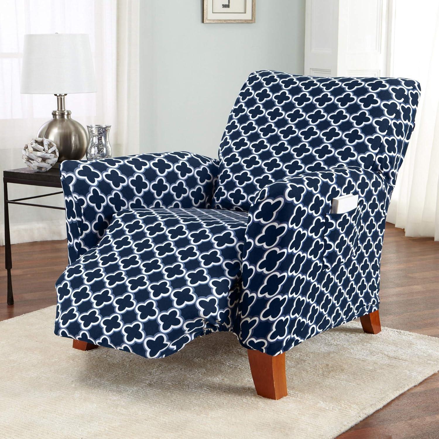 Navy Stretch Printed Twill Recliner Slipcover