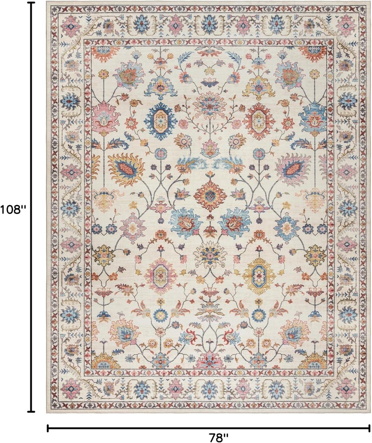 Ivory Floral Non-Slip Washable 6' x 9' Synthetic Area Rug