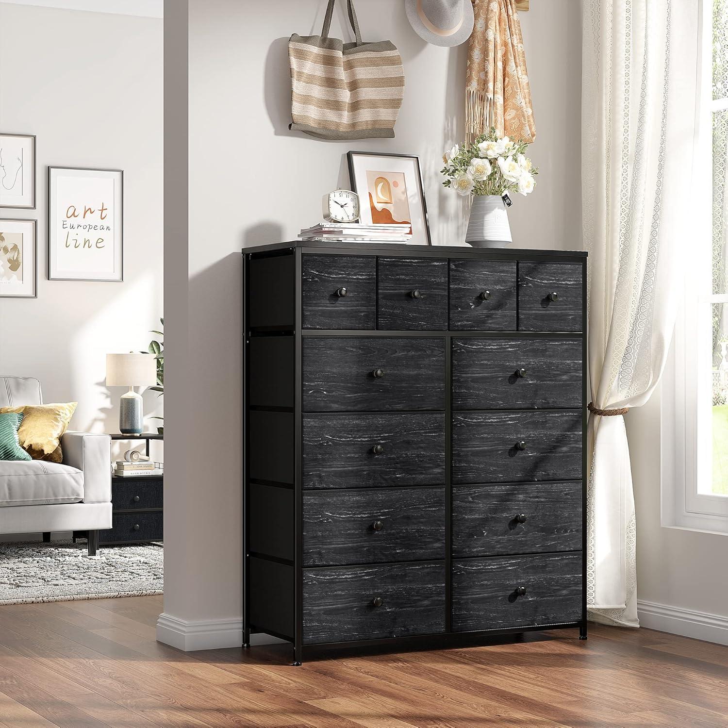 U-SHARE Dresser for Bedroom with 12 Drawers, Tall Dressers for Bedroom Black Dressers & Chests of Drawers for Closet, Living Room, Wood Top, Metal Frame Black