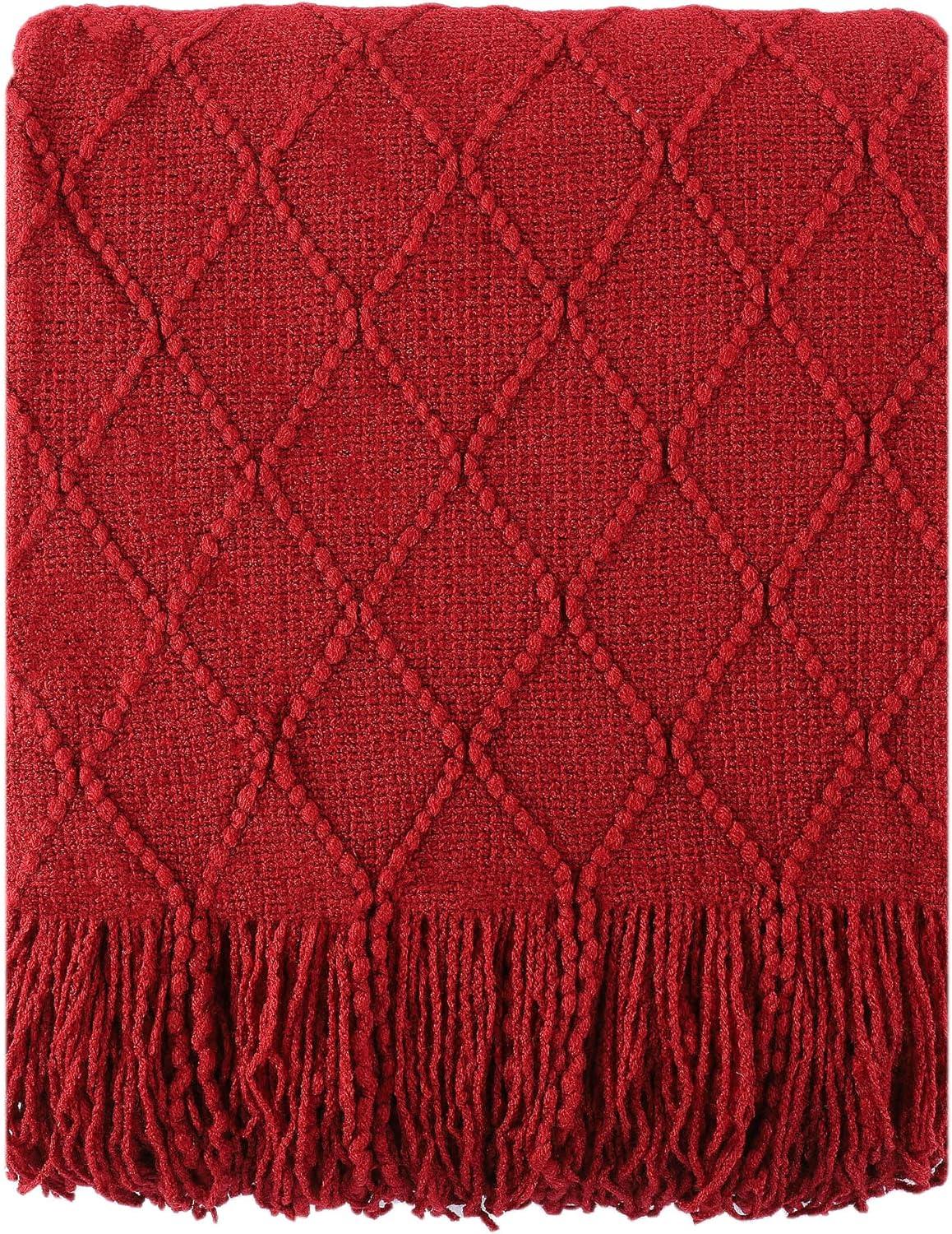 Burgundy Knitted Christmas Throw Blanket with Fringe, 50"x60"