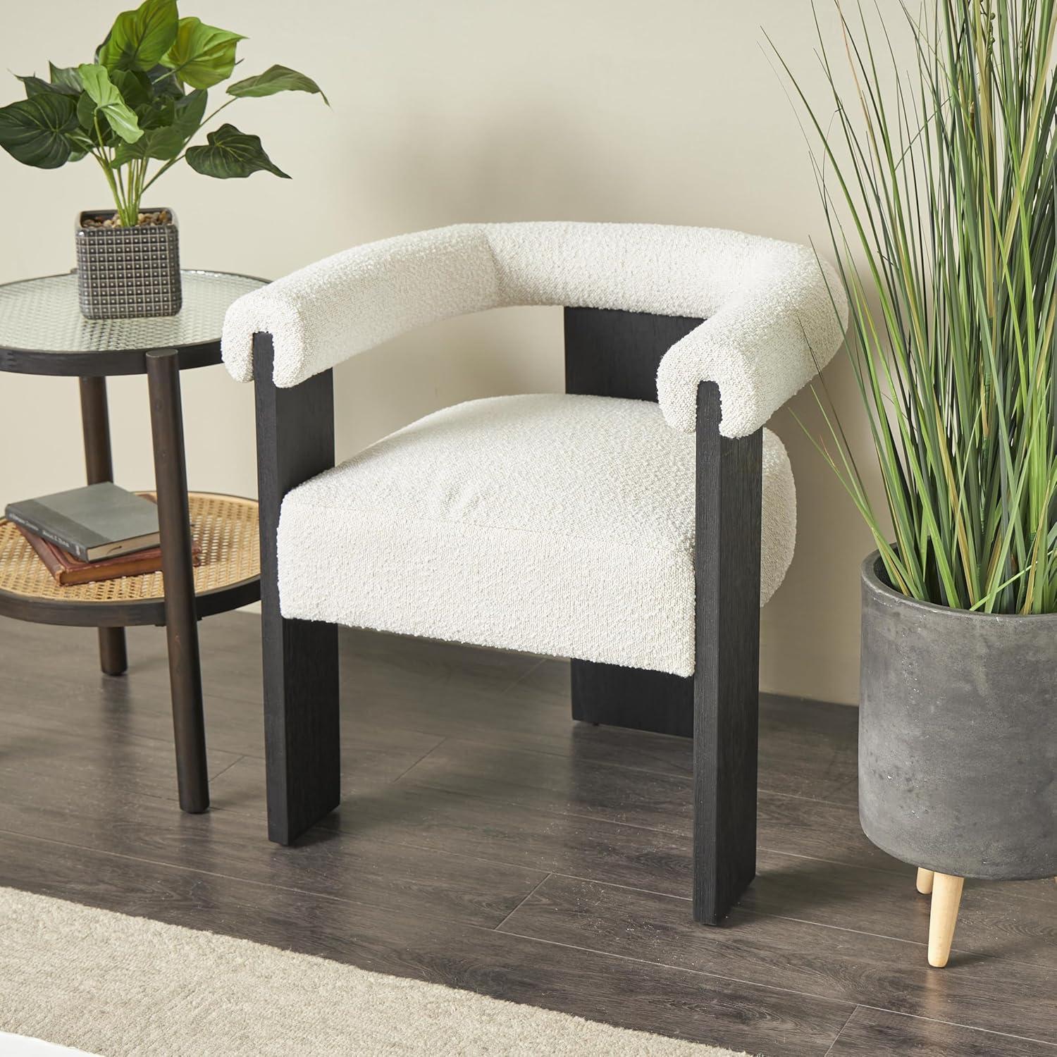 White Polyester Curved Back Modern Accent Chair with Black Wood Frame