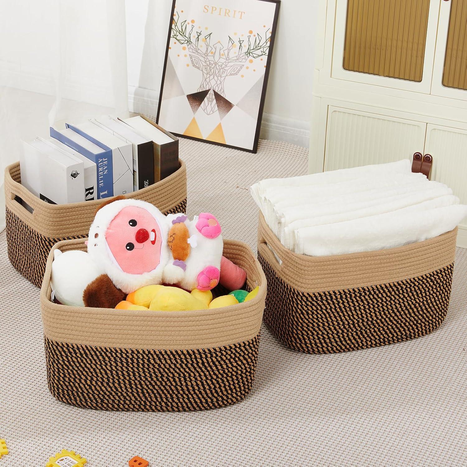 3 Pieces Nursery Blanket Baskets Toy Basket for Living Room Cotton Rope with Handles for Shelves Woven Basket for Organizing