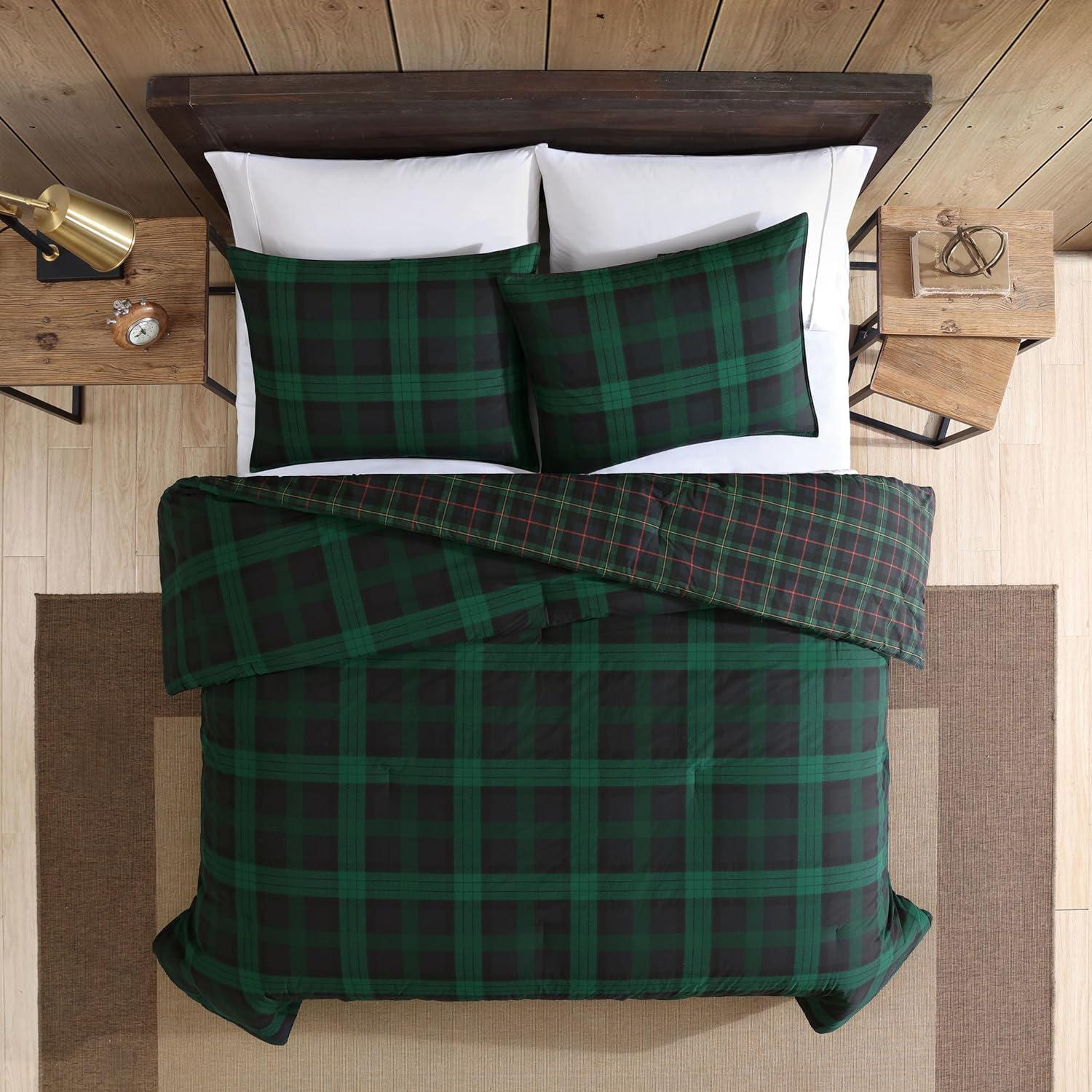 Full/Queen Woodland Tartan Reversible Duvet Cover Set Green - Eddie Bauer: Cotton, OEKO-TEX Certified, 3-Piece