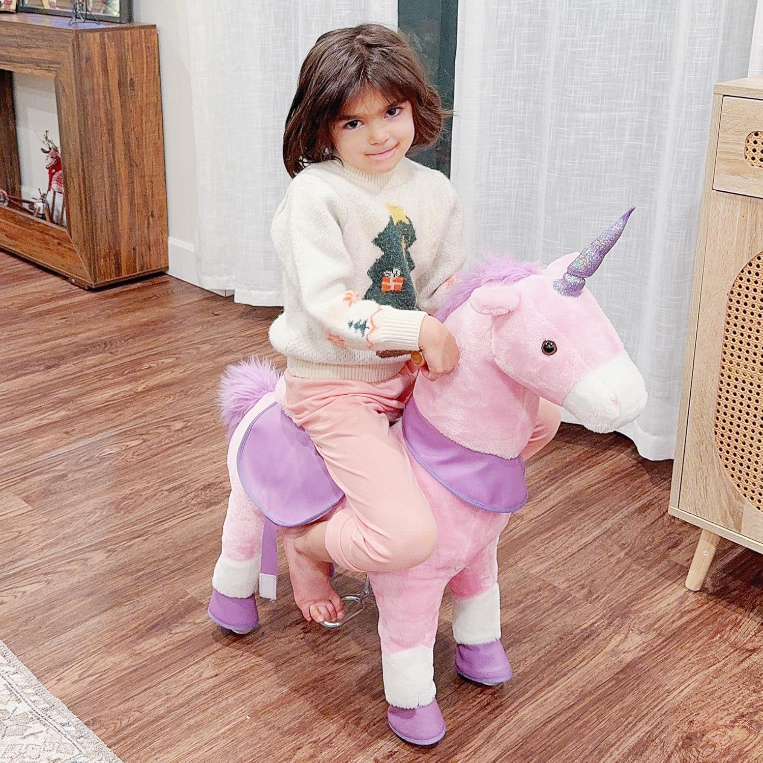 Qaba Ride On Real Walking Unicorn with Sparkly Horn, Soft Plush Ride On Rocking Horse Bearing 176lbs, Imaginative Interactive Toy for Kids, Unicorn Gifts