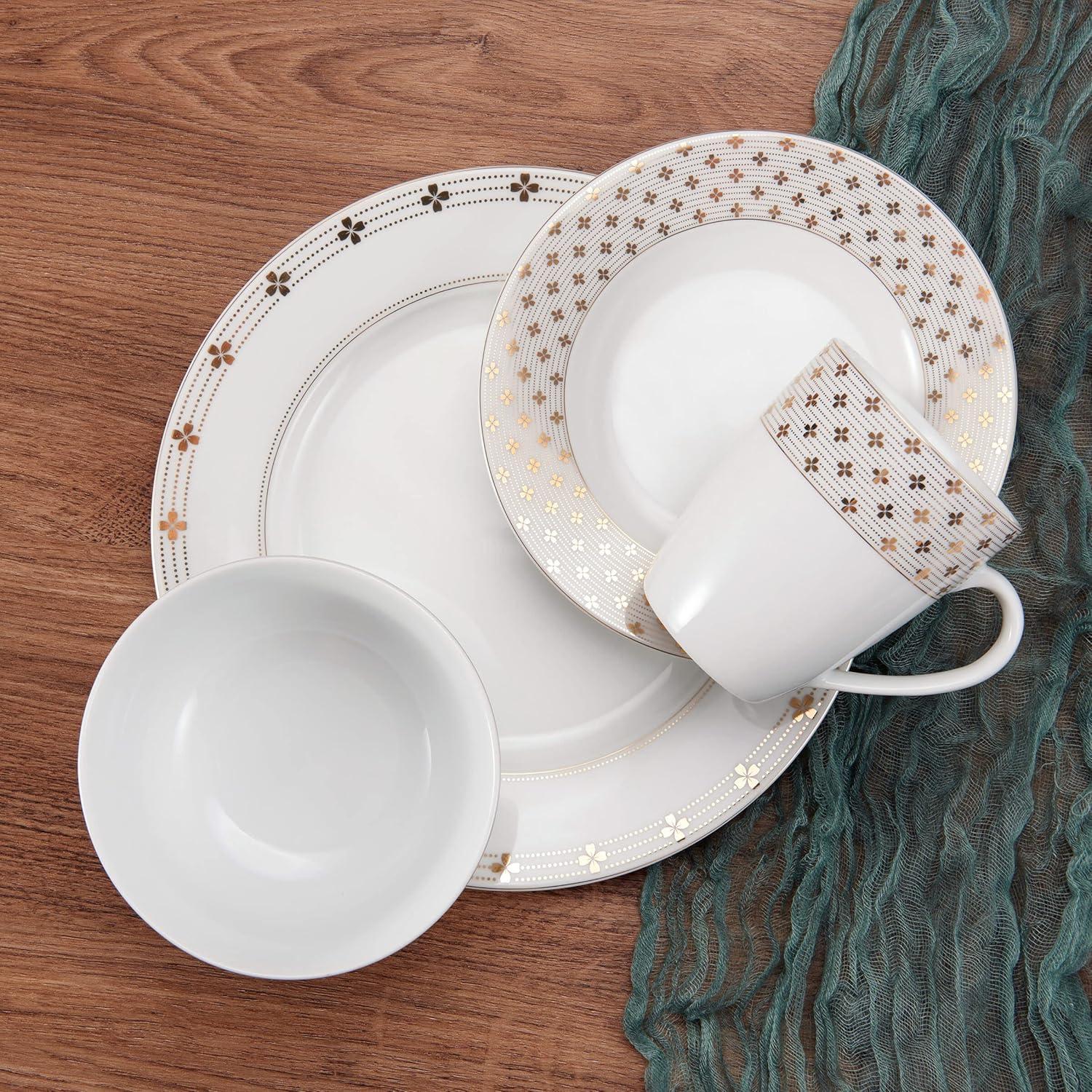 Modern Petals White and Gold Porcelain Dinnerware Set, Service for 8