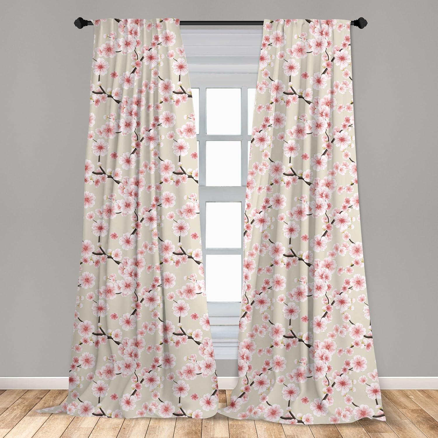 Ambesonne East Curtains, Flowering Cherry Blooms, Pair of 28"x63", Beige Rose