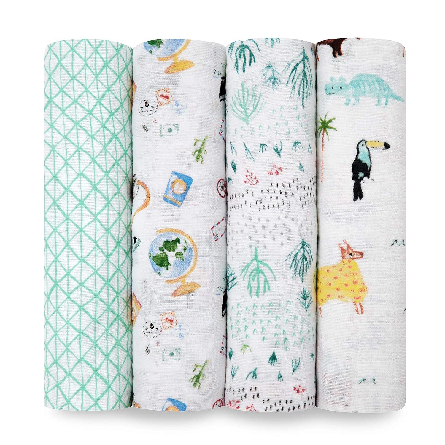 Modern Animal-Themed Cotton Muslin Baby Swaddle Blankets, 47" x 47", 4 Pack