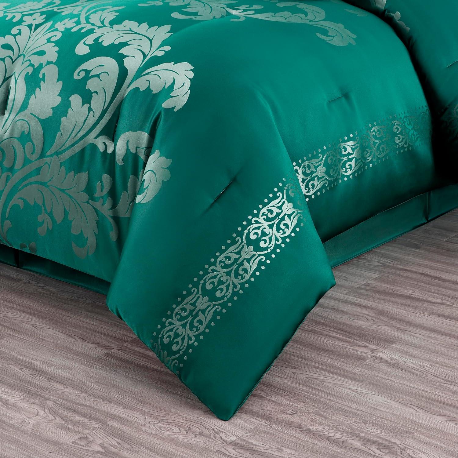 Queen Green and Silver Jacquard Floral Comforter Set