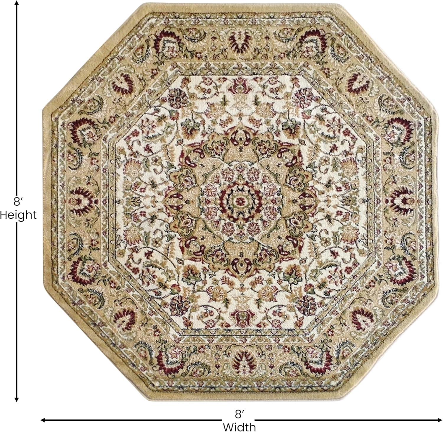 Flash Furniture Mersin Collection Octagonal Traditional Black, Burgundy, Green, Beige, Ivory Area Rug, 7' x 7'