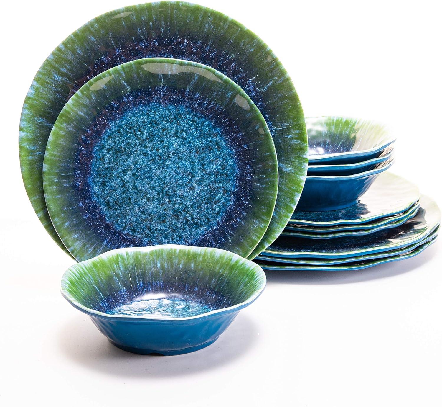 Melamine Dinnerware Set 12 PCS Teal Turquoise Tableware Plates Bowls Blue Green Dishwasher Safe Not Microware Not Oven