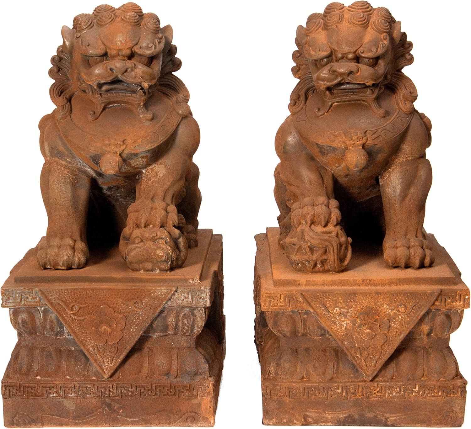 Oriental Furniture 18" Foo Dog Rust Patina Statues, set of 2