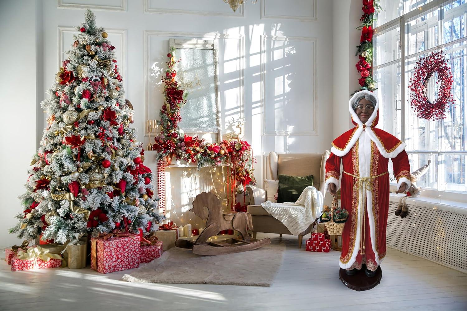 Fraser Hill Farm 58-in. Dancing African American Mrs. Claus with Hooded Cloak and Basket, Life-Size Christmas Holiday Indoor Home Decor, FMC058D-2RD1-AA