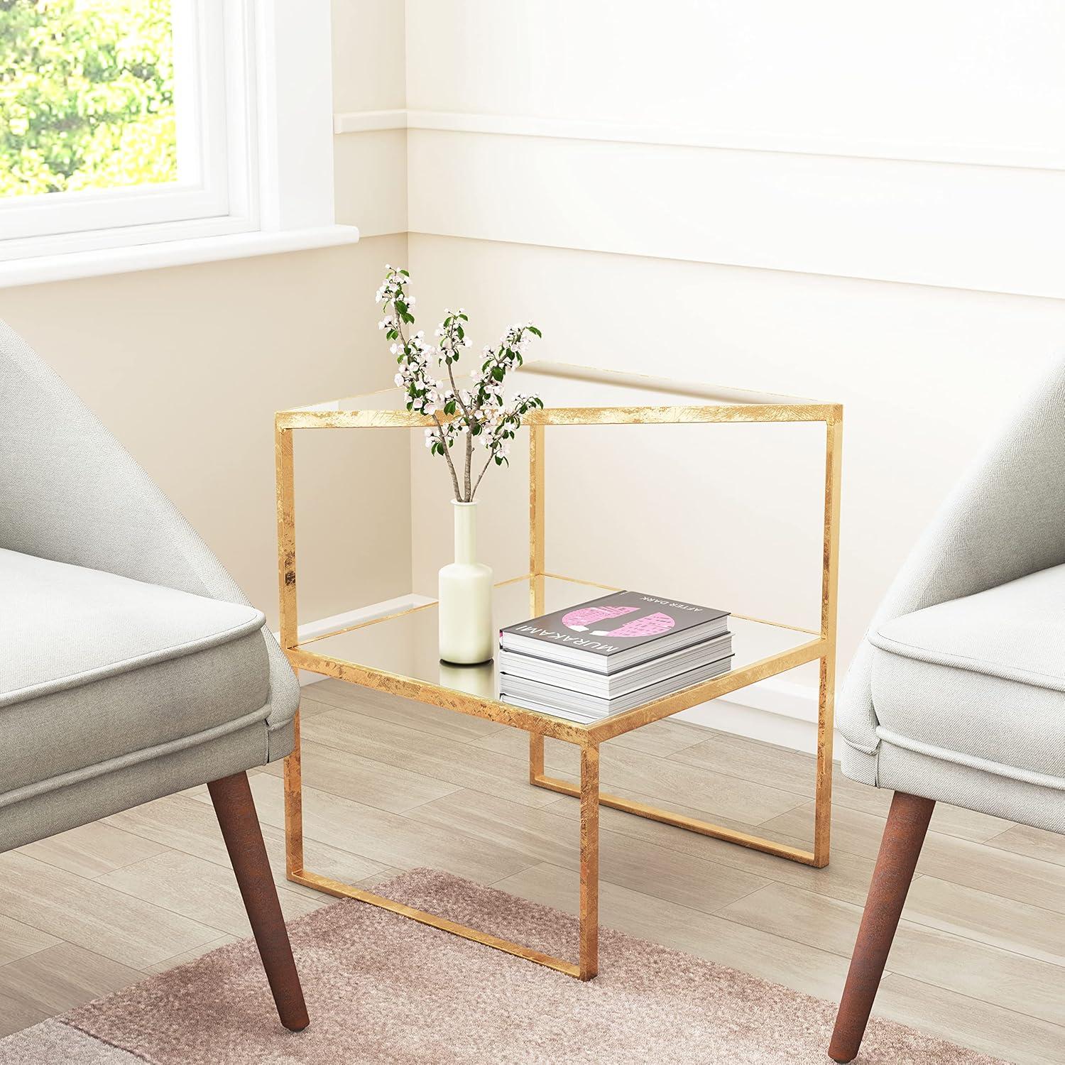 Gold Metal and Glass Mirrored Accent Table