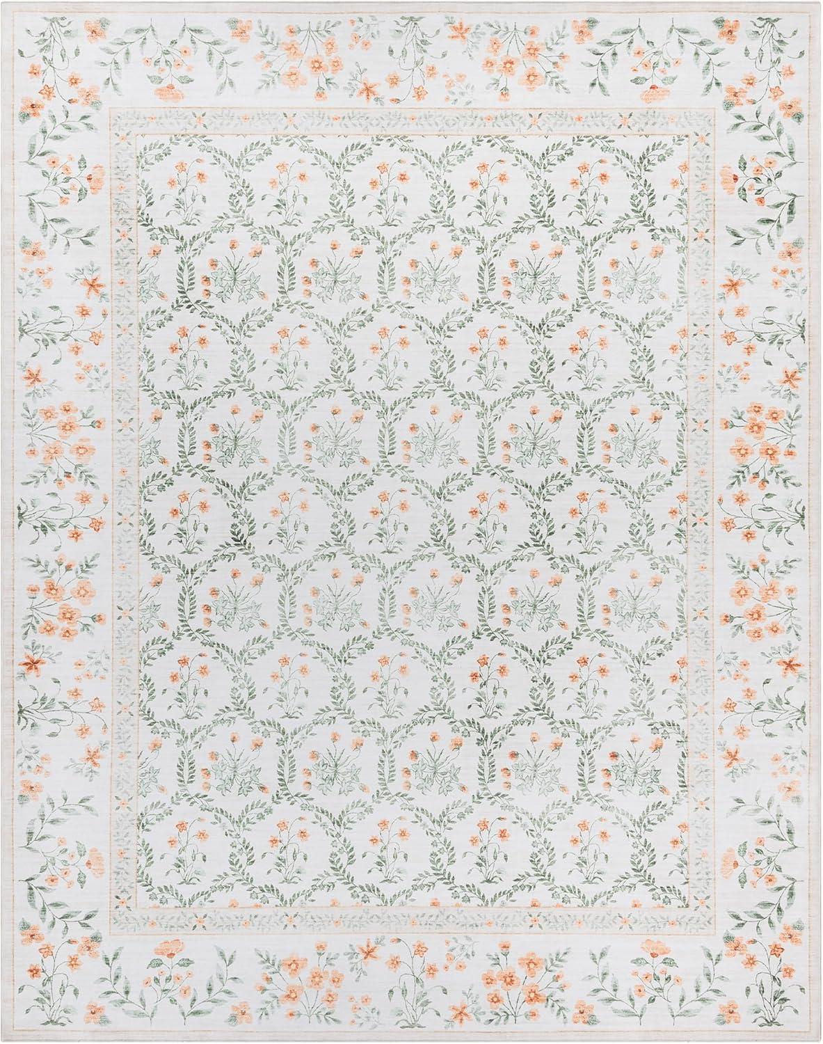 Gertmenian Crystal Print Vela Ivory Green Orange Transitional Leaf Floral Border Washable Flat Pile Indoor Area Rug