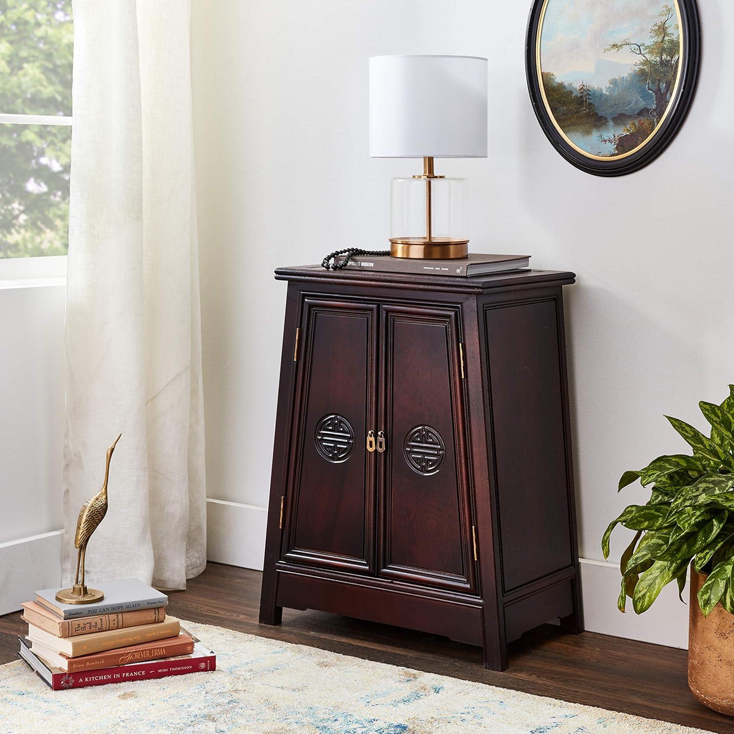 Walnut-Colored Trapezoidal Freestanding Cabinet with Hand-Carved Shou Symbol