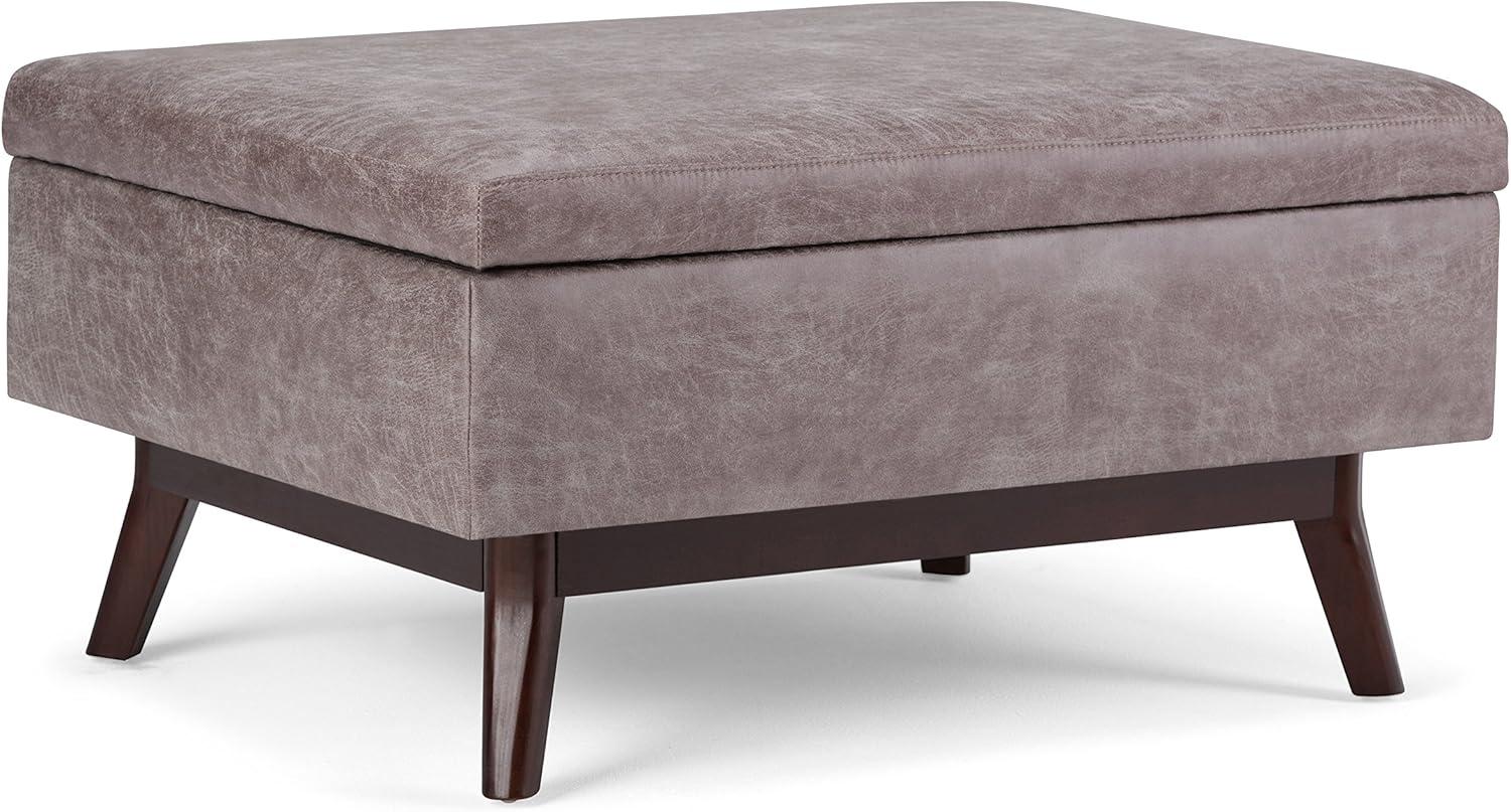 Mid-Century Modern Distressed Gray Taupe Wood Storage Ottoman